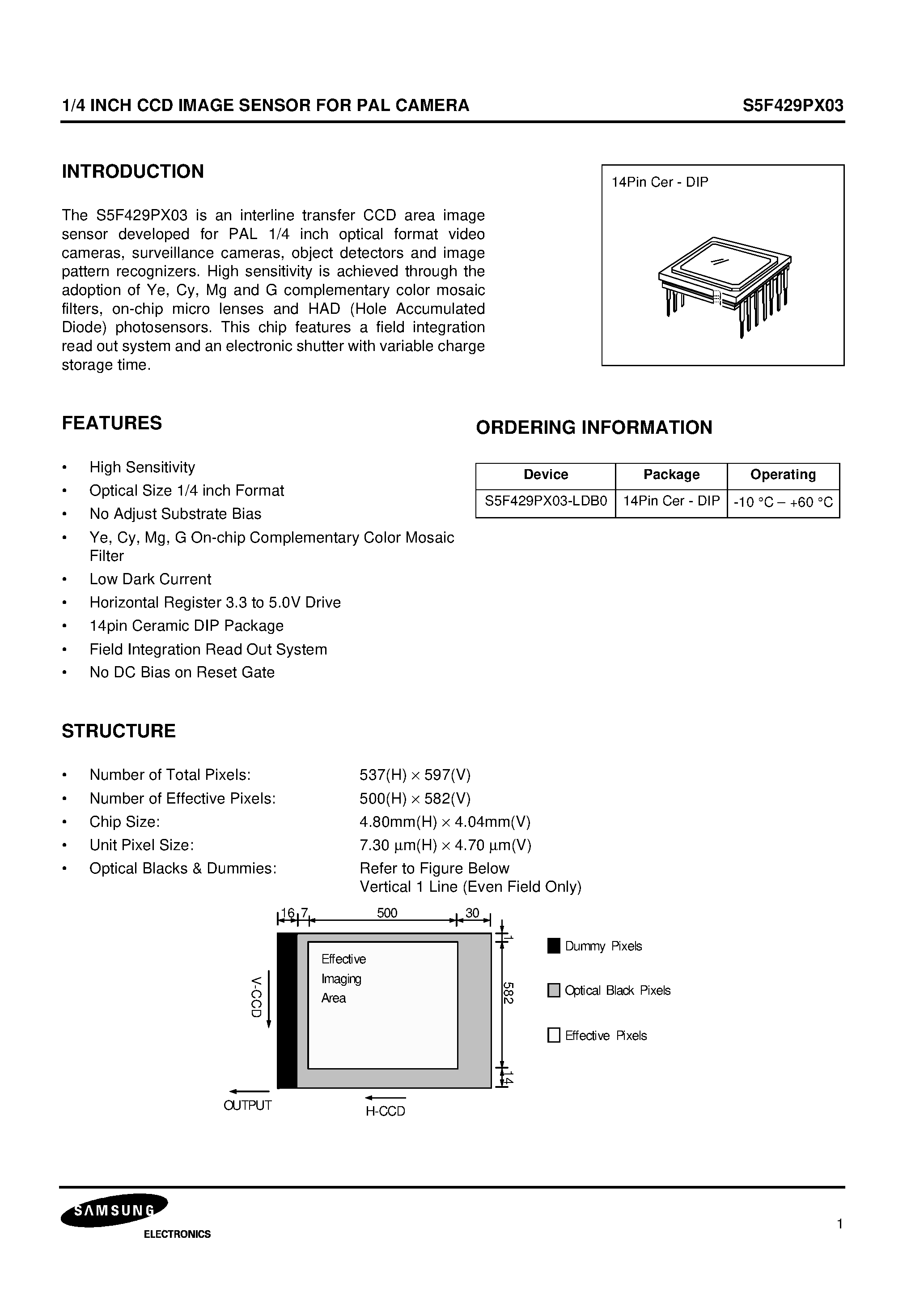 Datasheet S5F429PX03 - 1/4 INCH CCD IMAGE SENSOR FOR PAL CAMERA page 1