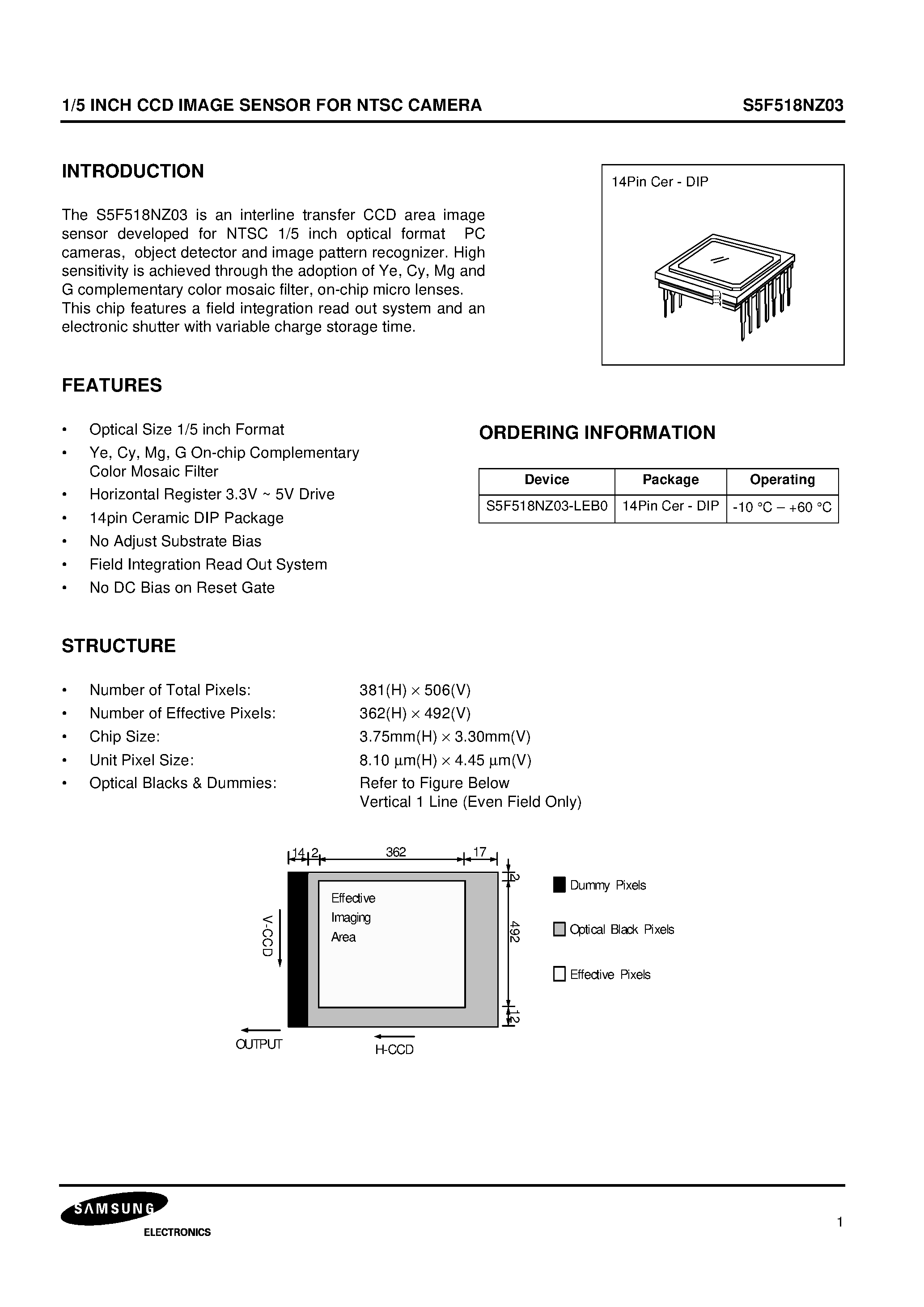 Datasheet S5F518NZ03 - 1/5 INCH CCD IMAGE SENSOR FOR NTSC CAMERA page 1