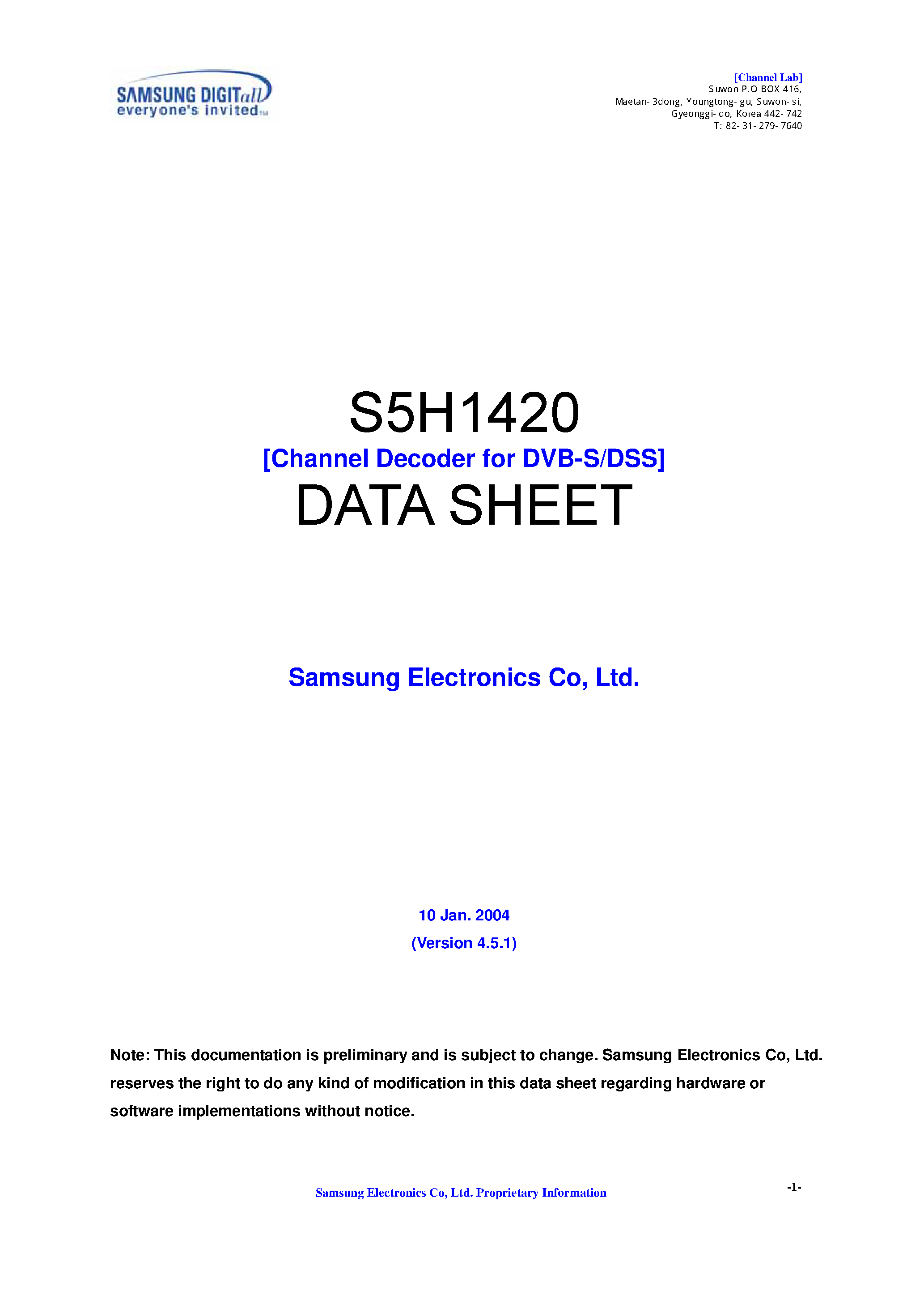 Datasheet S5H1420 - Channel Decoder for DVB-S/DSS page 1