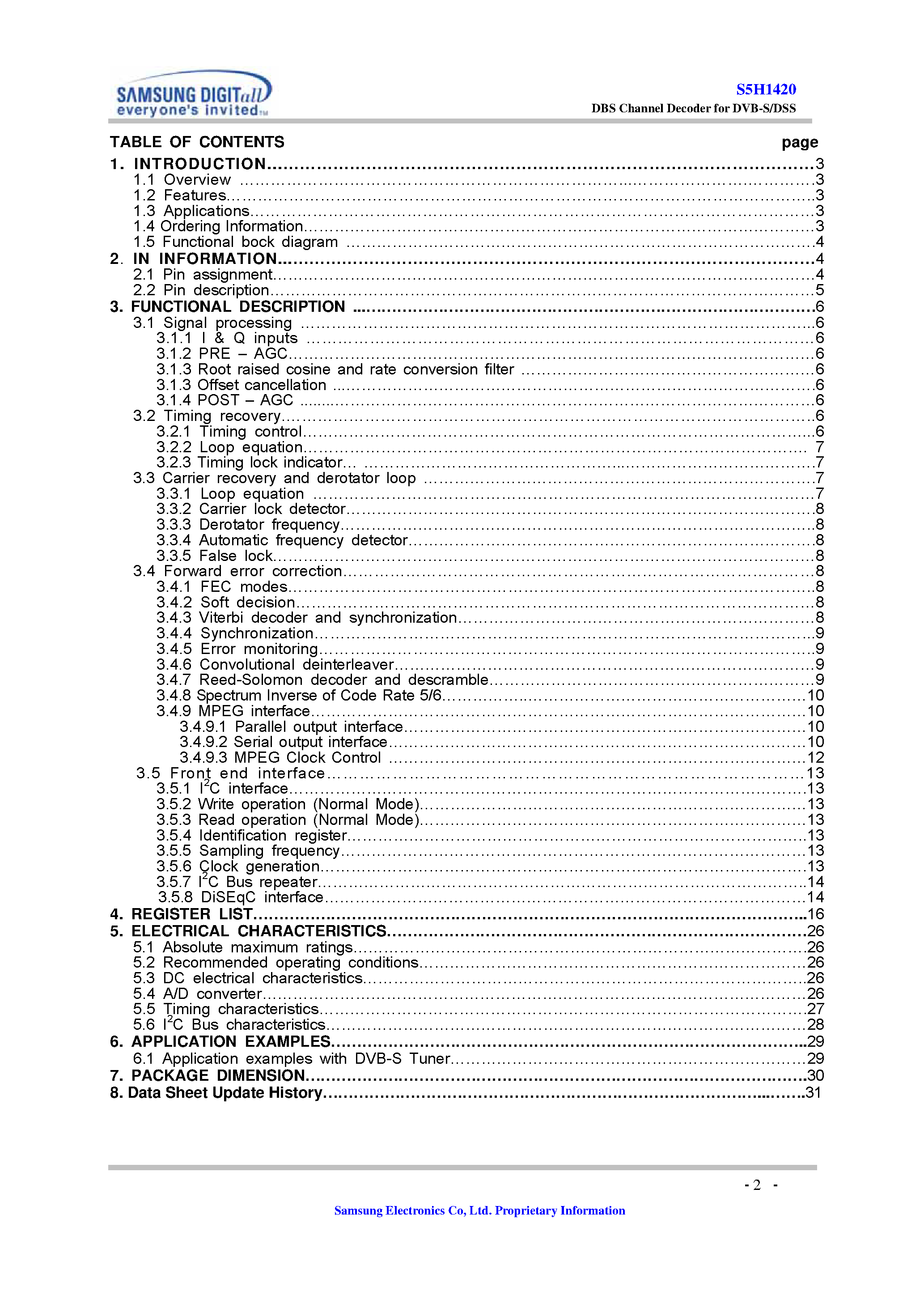 Datasheet S5H1420 - Channel Decoder for DVB-S/DSS page 2