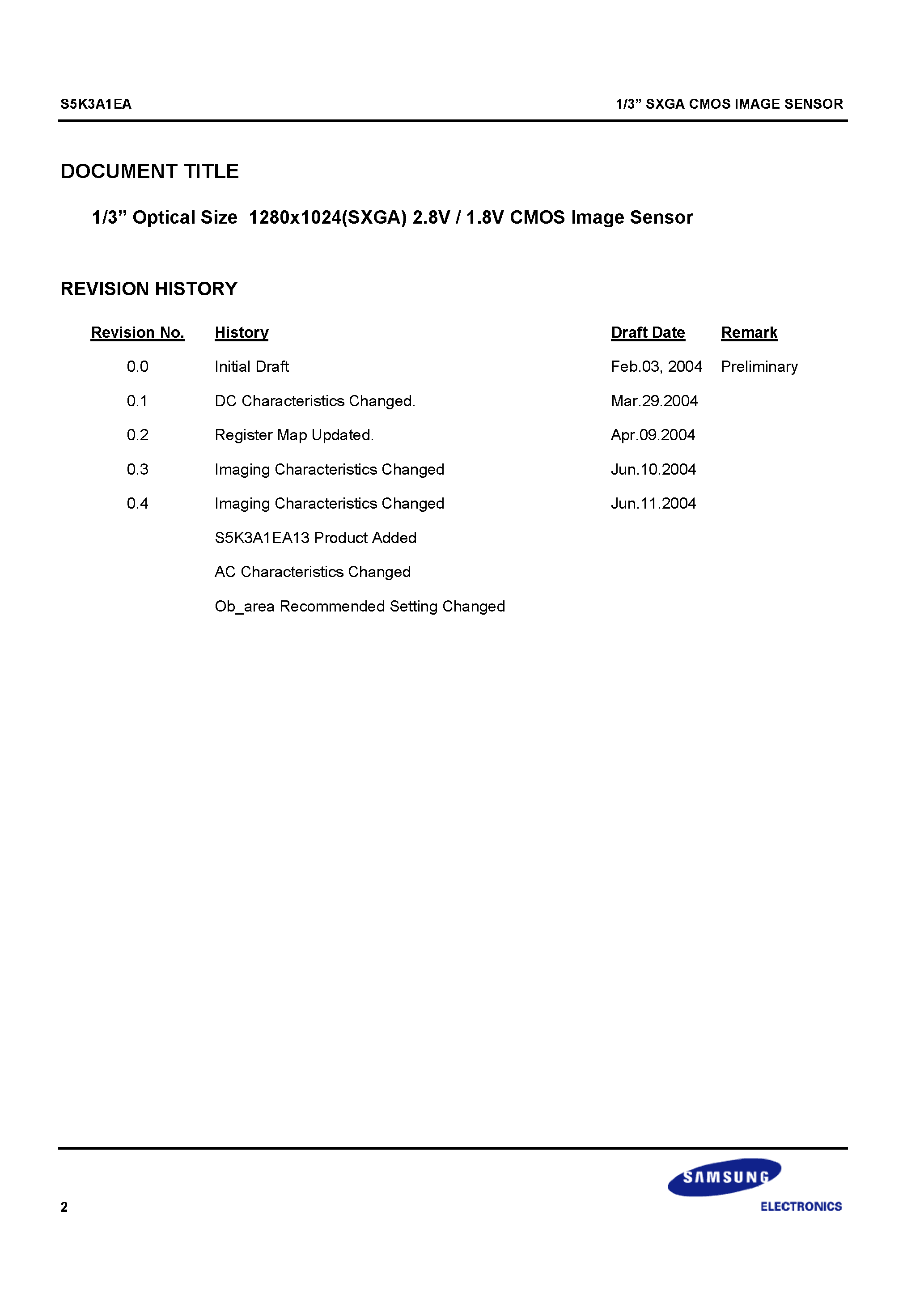 Datasheet S5K3A1EA01 - (1/3 SXGA CMOS Image Sensor) page 2