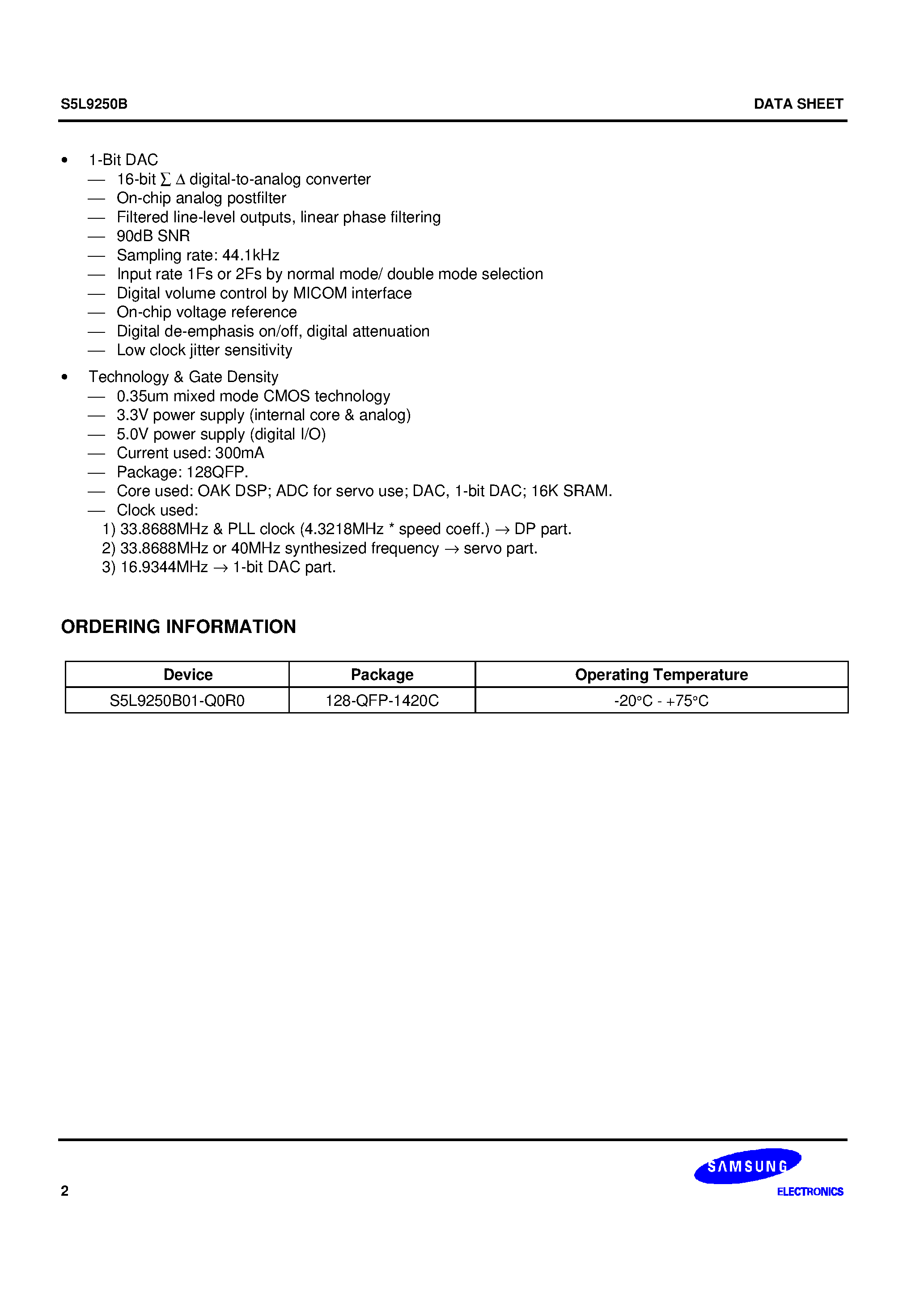 Datasheet S5L9250B01-Q0R0 - The CD-ROM 48X 1 chip receives the input signal read from the CD-DA/VIDEO-CD/CD-ROM disc after handling by the RF amplifier. page 2