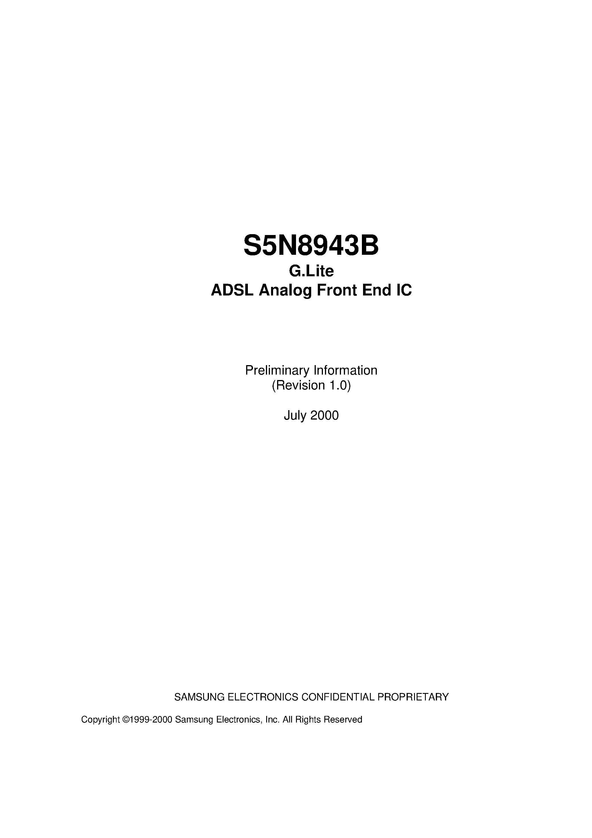 Datasheet S5N8943B page 1 Datasheet S5N8943B - G.Lite ADSL Analog Front End IC page 1