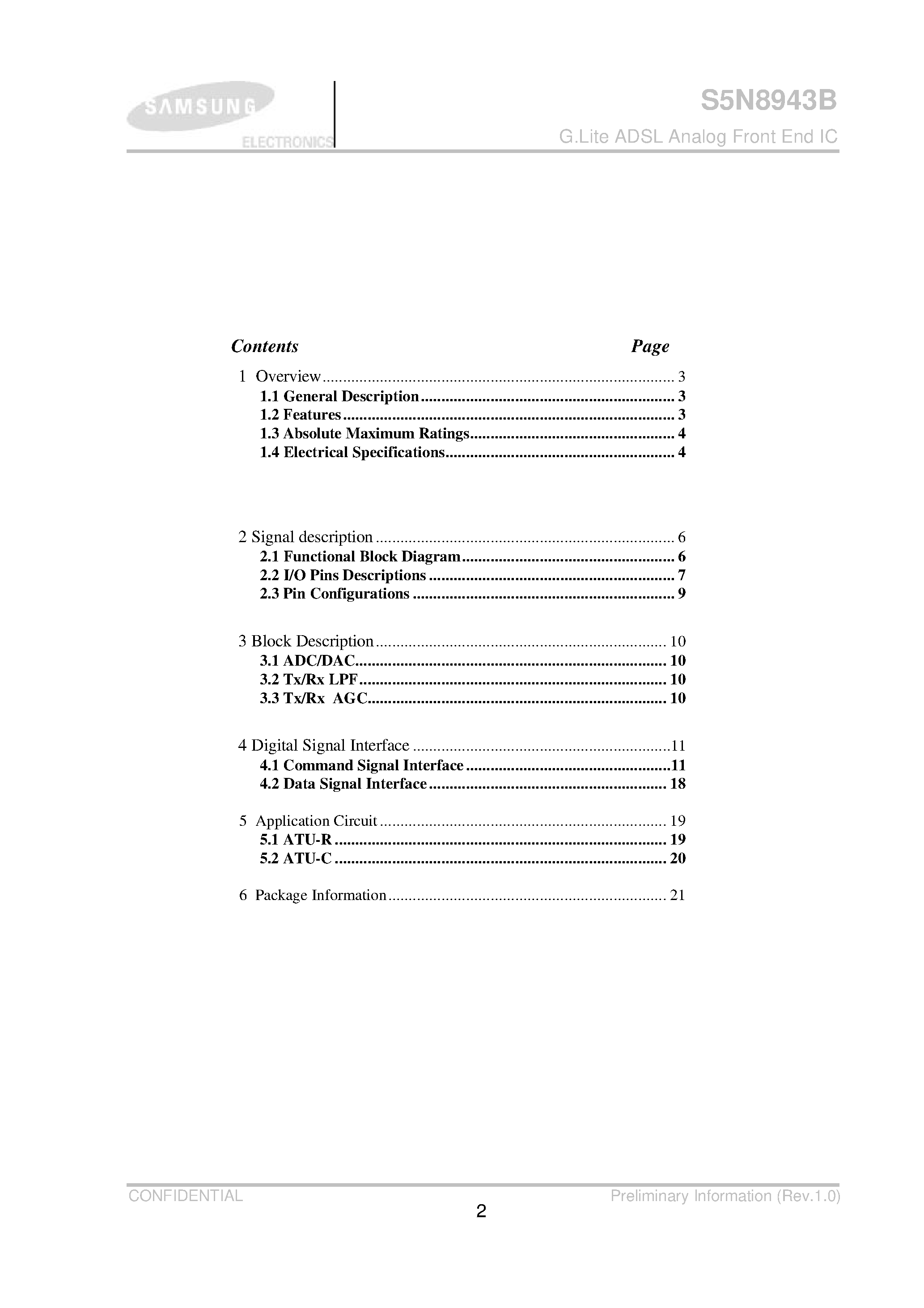 Datasheet S5N8943B page 2 Datasheet S5N8943B - G.Lite ADSL Analog Front End IC page 2