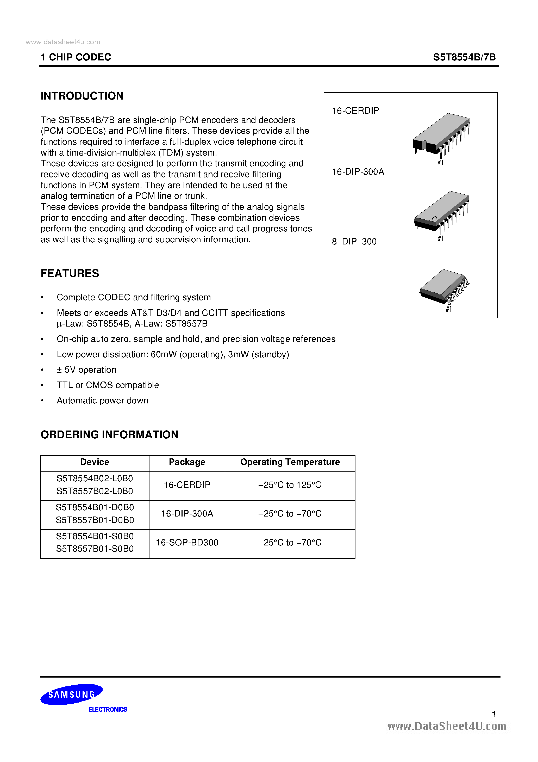 Даташит на микросхему S5T8557B01-D0B0 страница 1 Даташит S5T8557B01-D0B0 - 1 CHIP CODEC страница 1