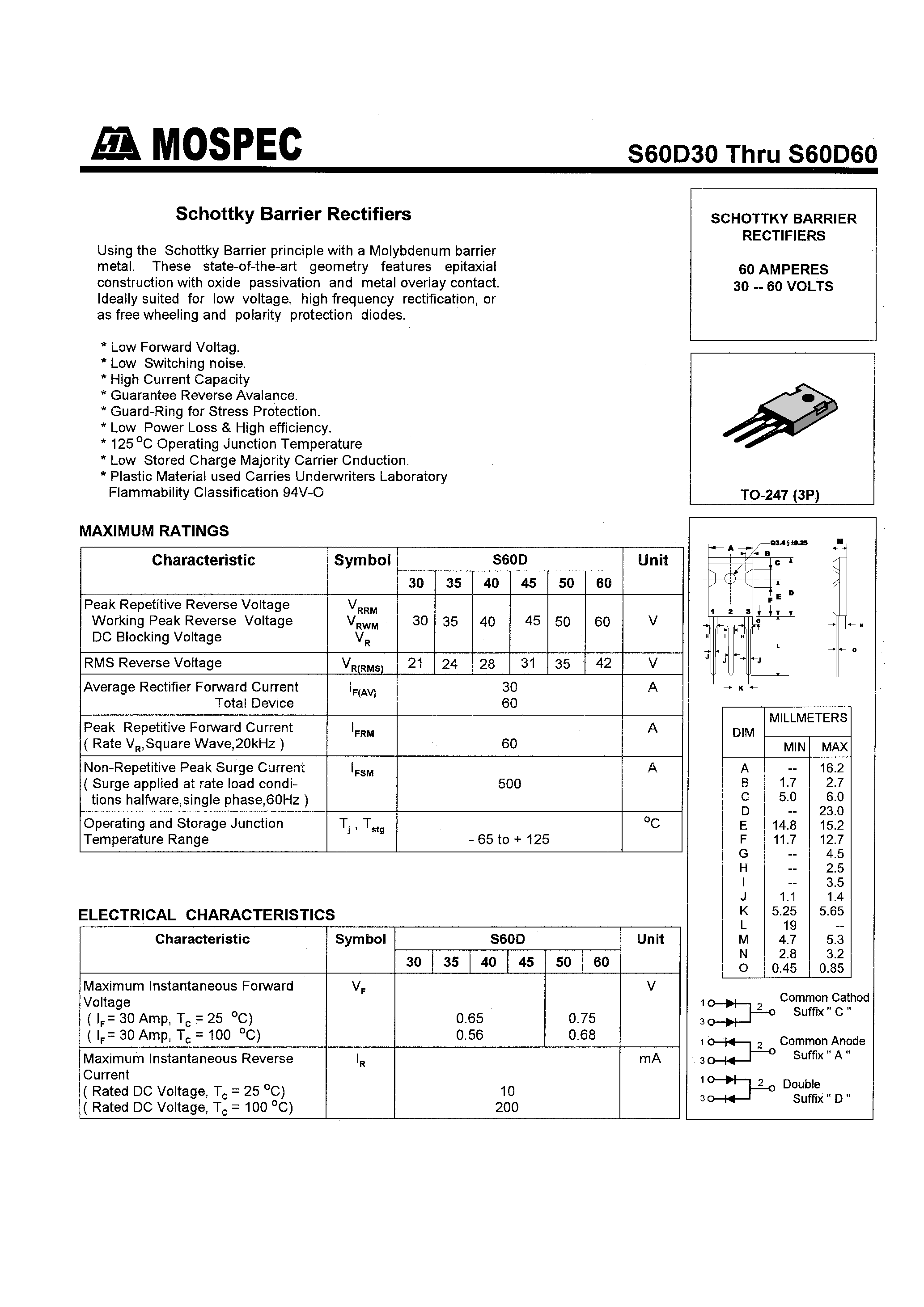 Datasheet S60D40 page 1 Datasheet S60D40 - SCHOTTKY BARRIER RECTIFIERS(60A/30-60V) page 1