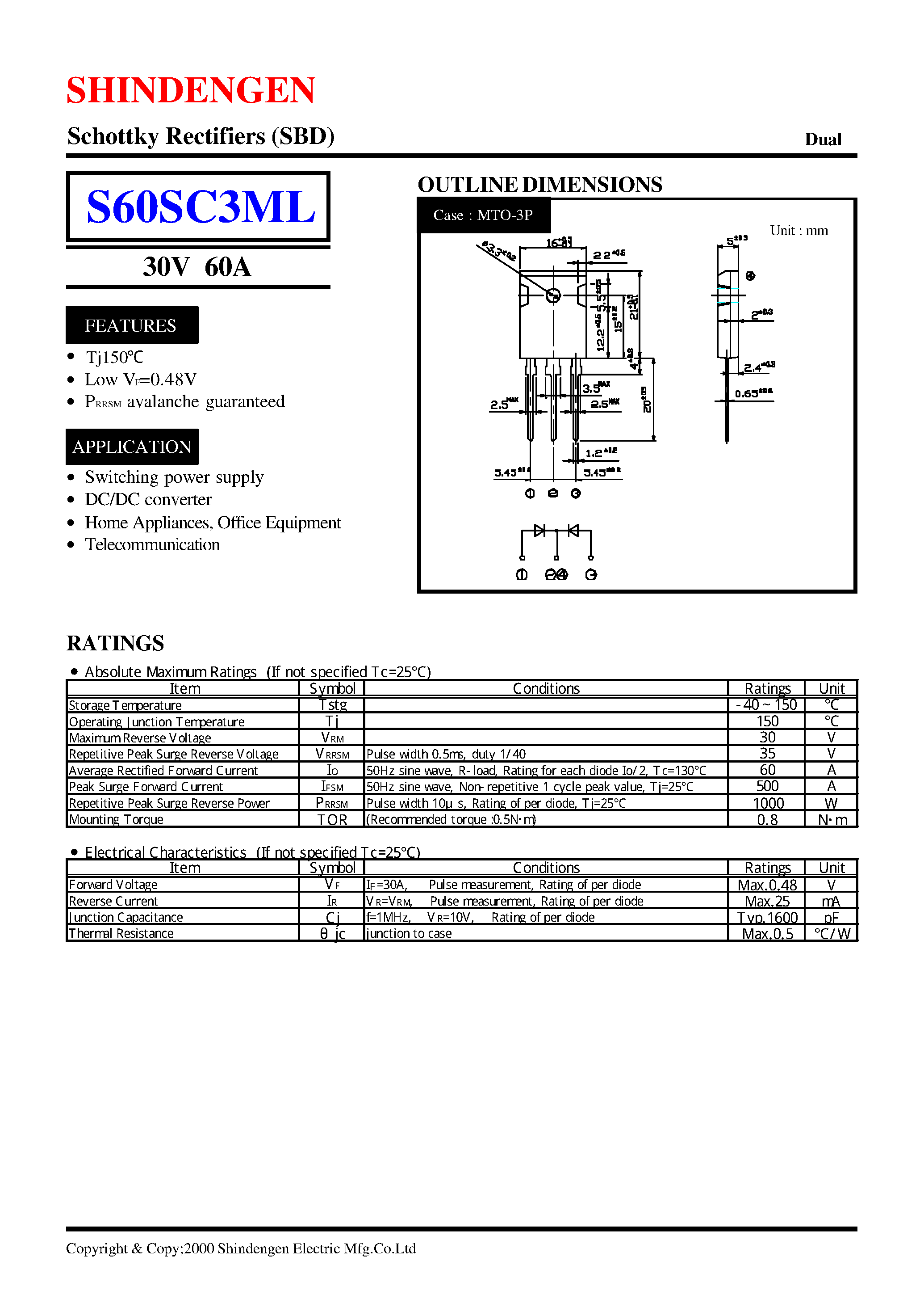 Datasheet S60SC3ML page 1 Datasheet S60SC3ML - Schottky Rectifiers (SBD) (30V 60A) page 1