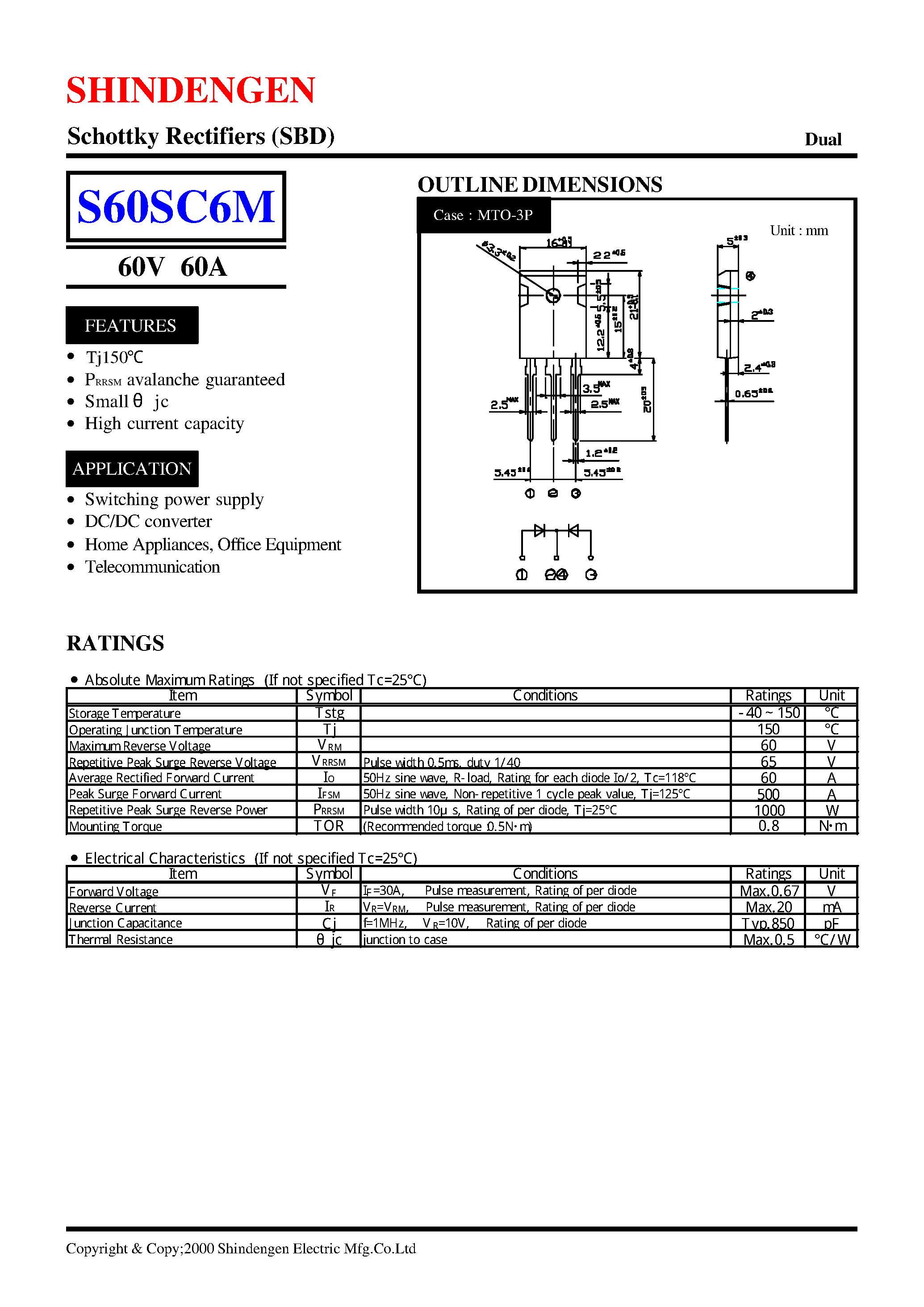 Datasheet S60SC6M page 1 Datasheet S60SC6M - Schottky Rectifiers (SBD)(60V 60A) page 1
