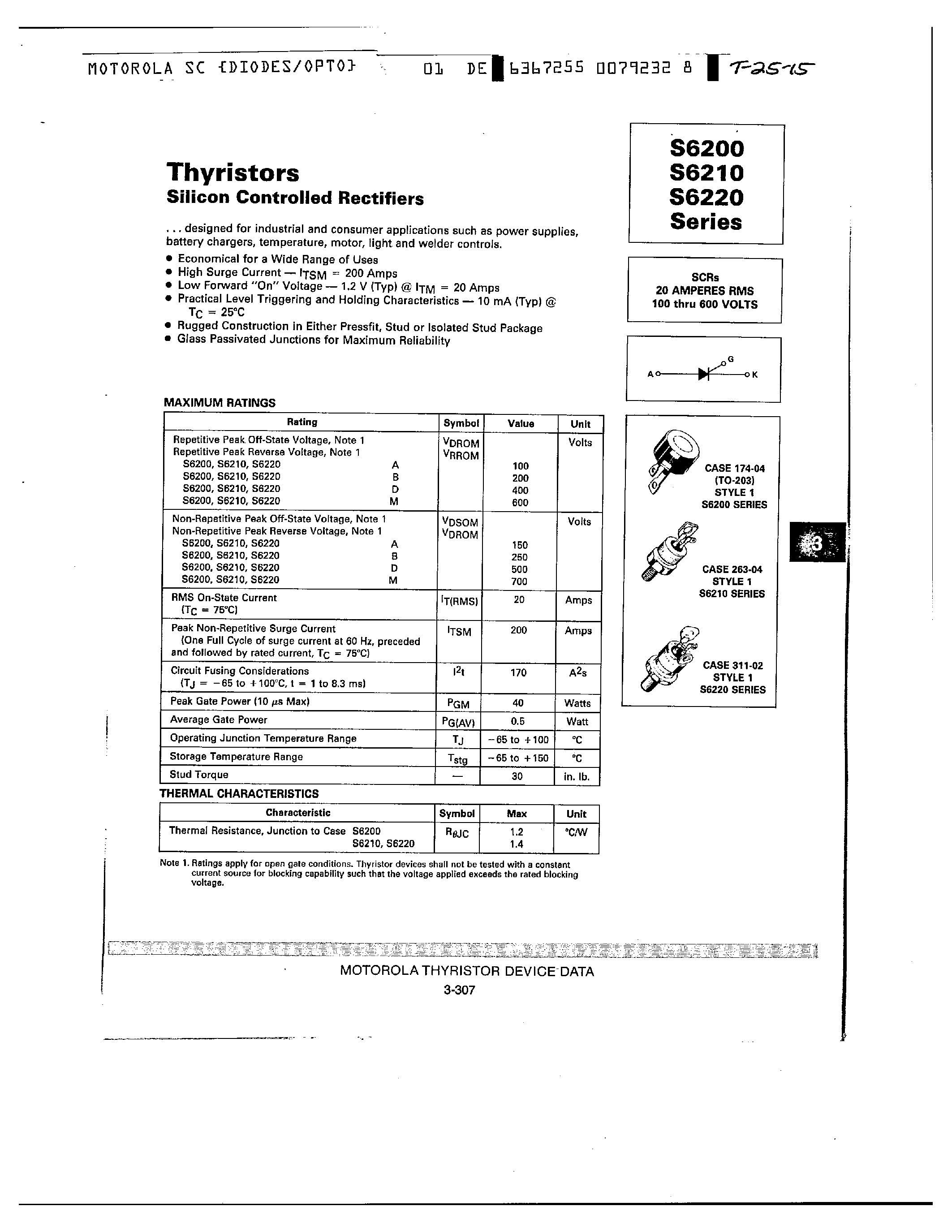 Datasheet S6210 page 1 Datasheet S6210 - THYRISTORS SILICON CONTROLLED RECTIFIERS page 1
