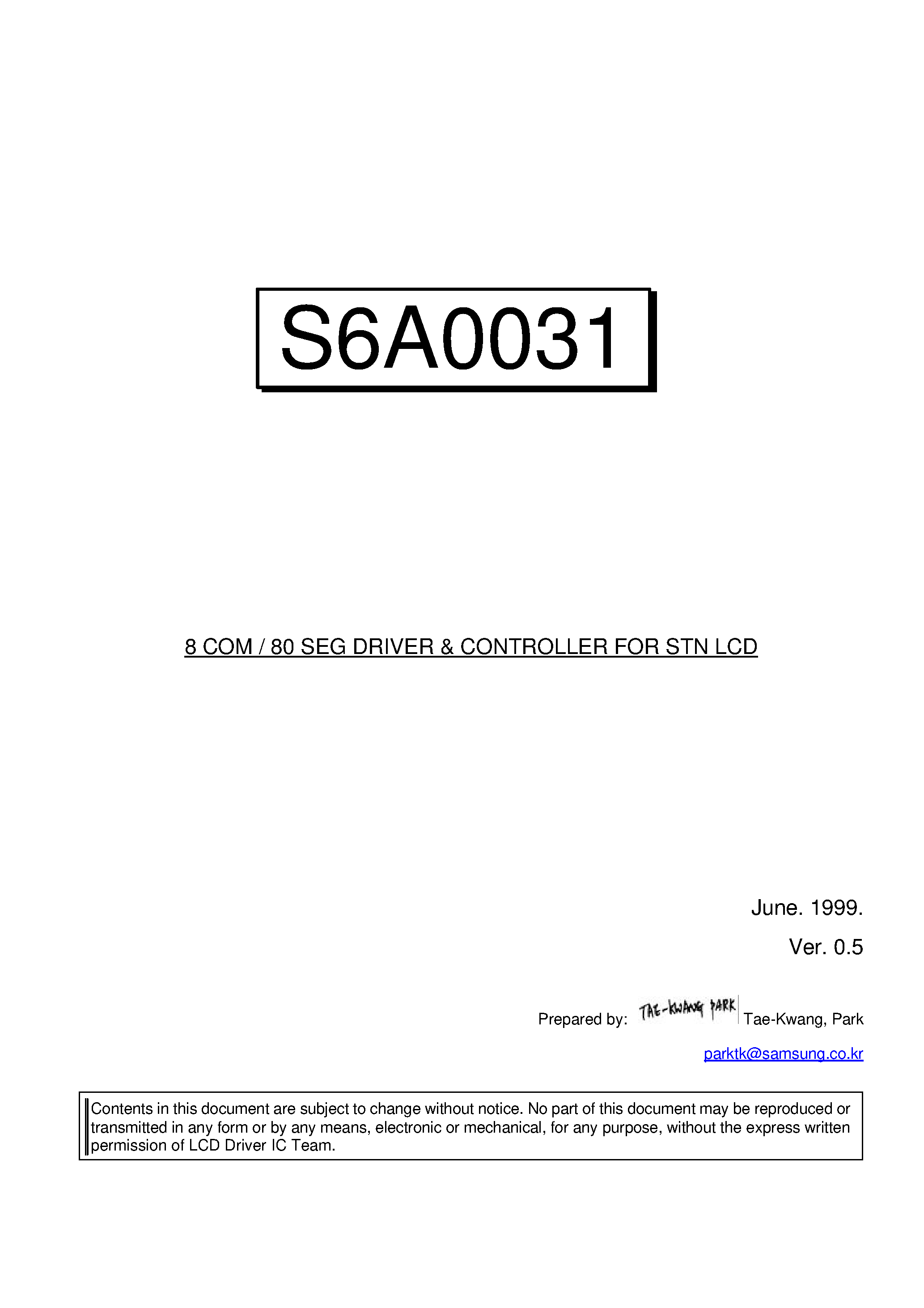 Даташит S6A0031 - 8 COM / 80 SEG DRIVER & CONTROLLER FOR STN LCD страница 1