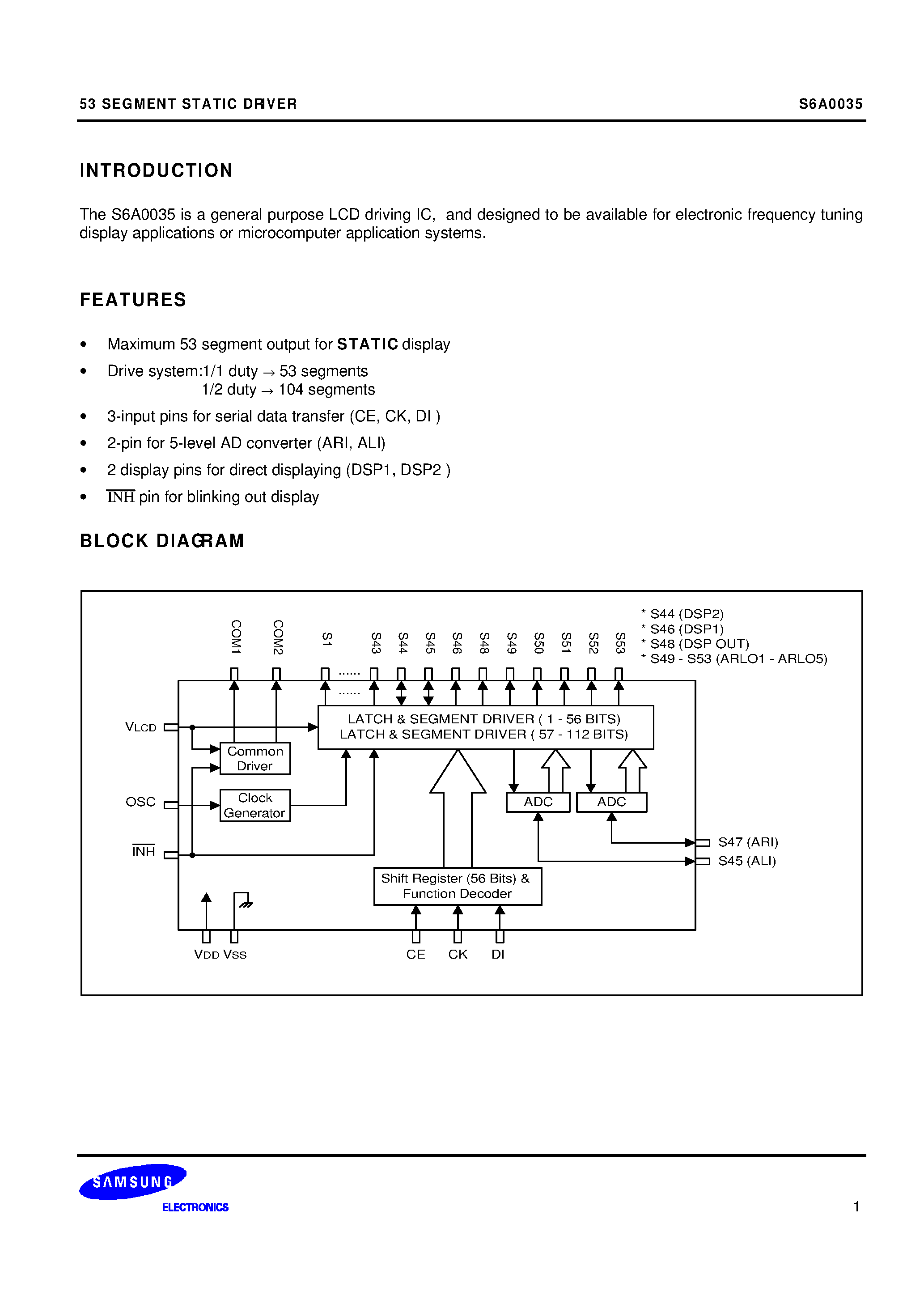 Даташит на микросхему S6A0035 страница 1 Даташит S6A0035 - 53 SEGMENT STATIC DRIVER страница 1