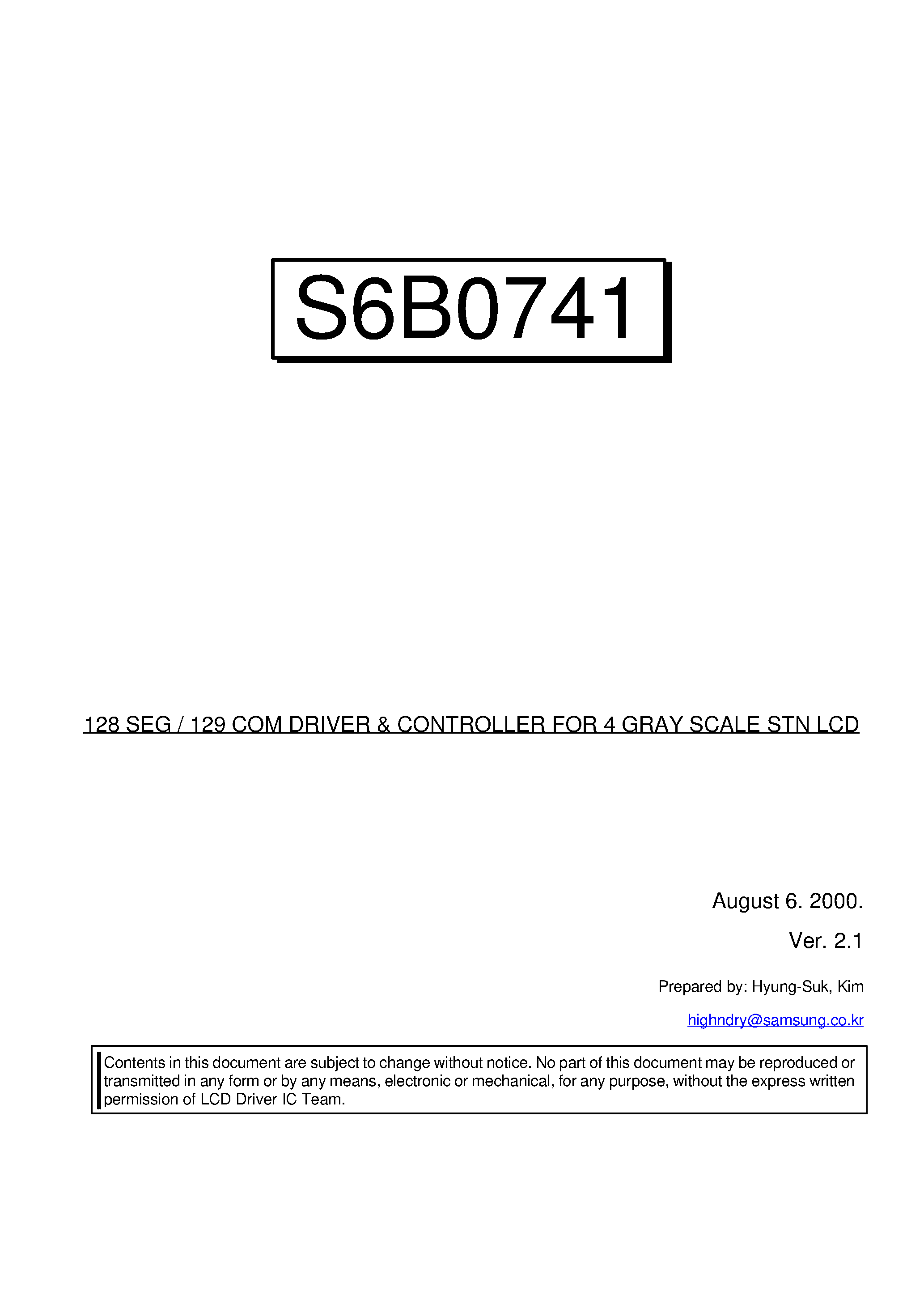 Datasheet S6B0741 - 128 SEG / 129 COM DRIVER & CONTROLLER FOR 4 GRAY SCALE STN LCD page 1