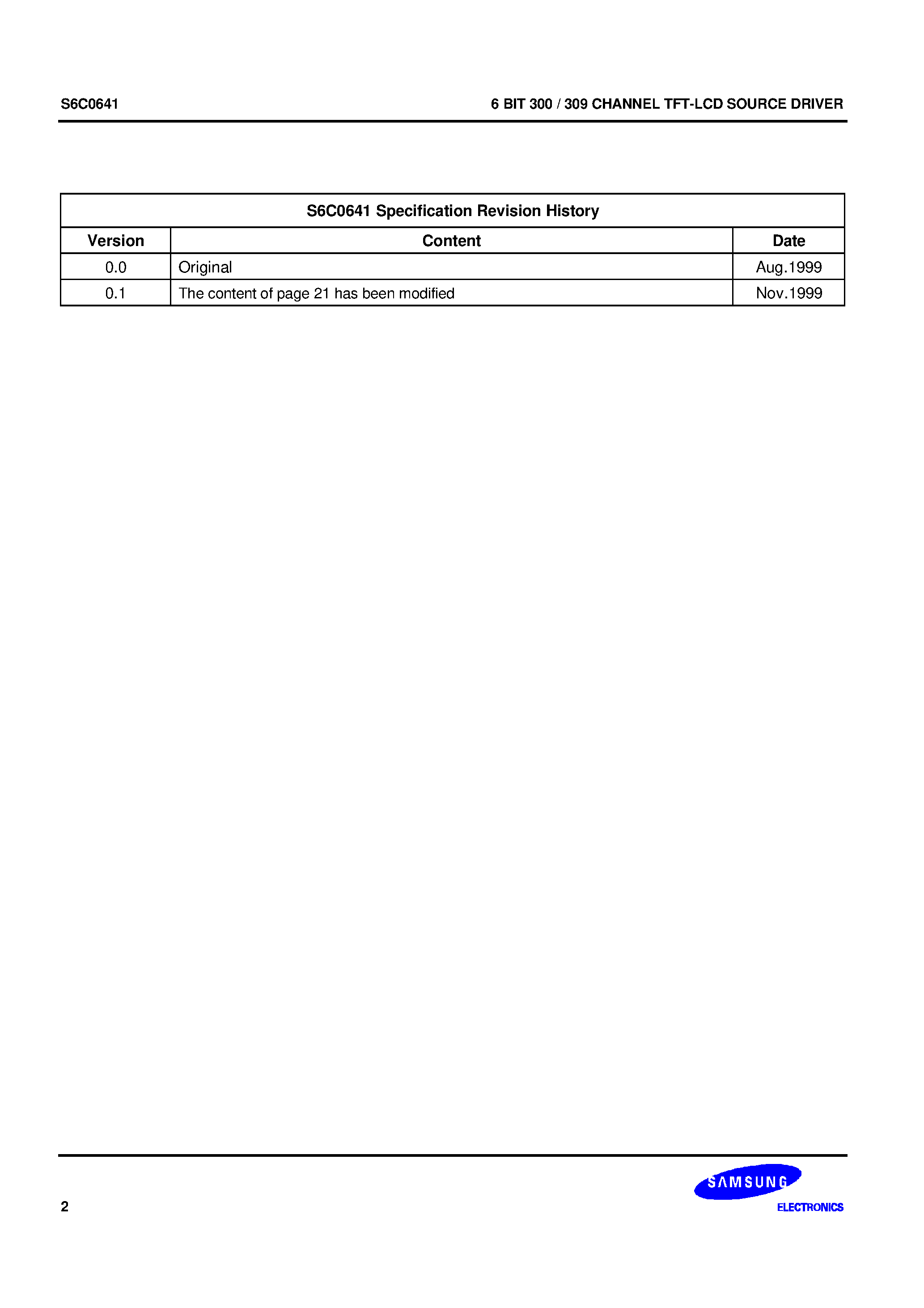 Datasheet S6C0641 page 2 Datasheet S6C0641 - 6 BIT 300 / 309 CHANNEL TFT-LCD SOURCE DRIVER page 2