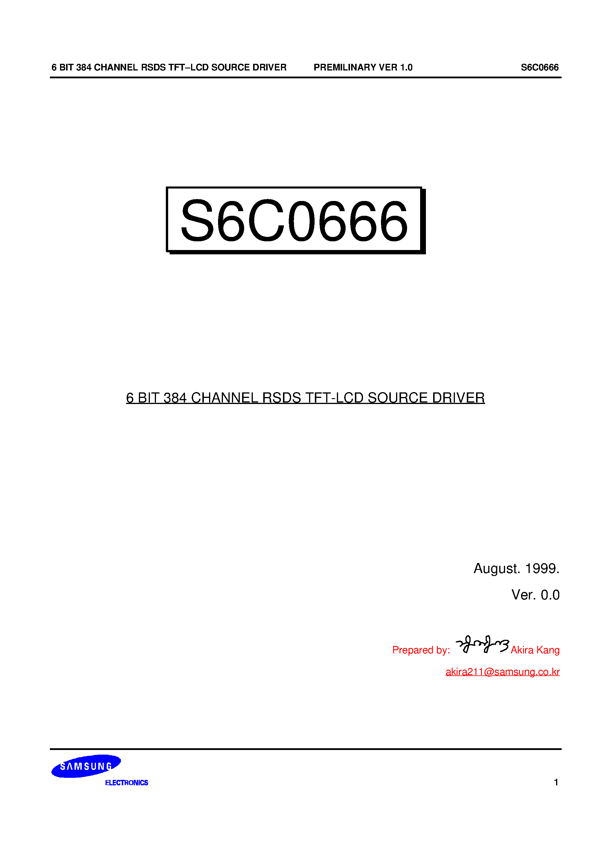 Datasheet S6C0666 - 6 BIT 384 CHANNEL RSDS TFT-LCD SOURCE DRIVER page 1