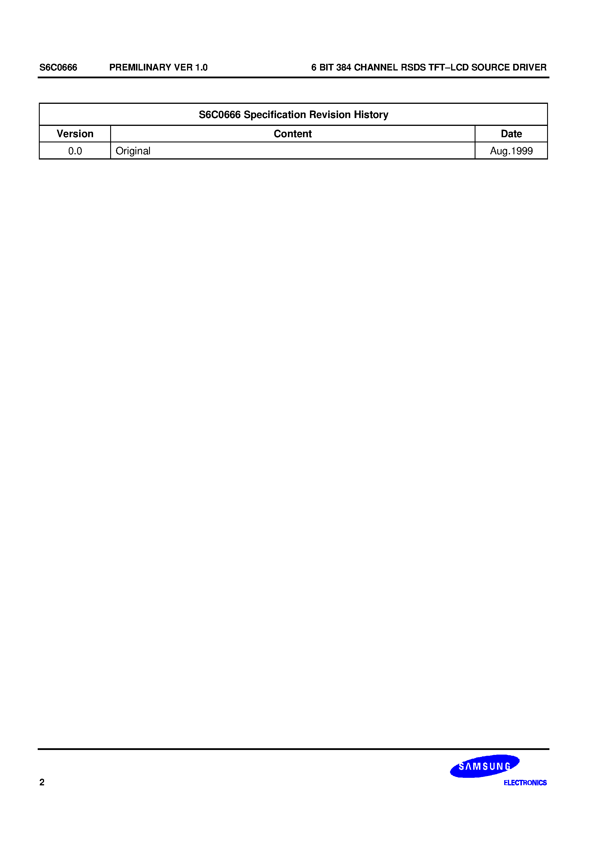 Datasheet S6C0666 - 6 BIT 384 CHANNEL RSDS TFT-LCD SOURCE DRIVER page 2