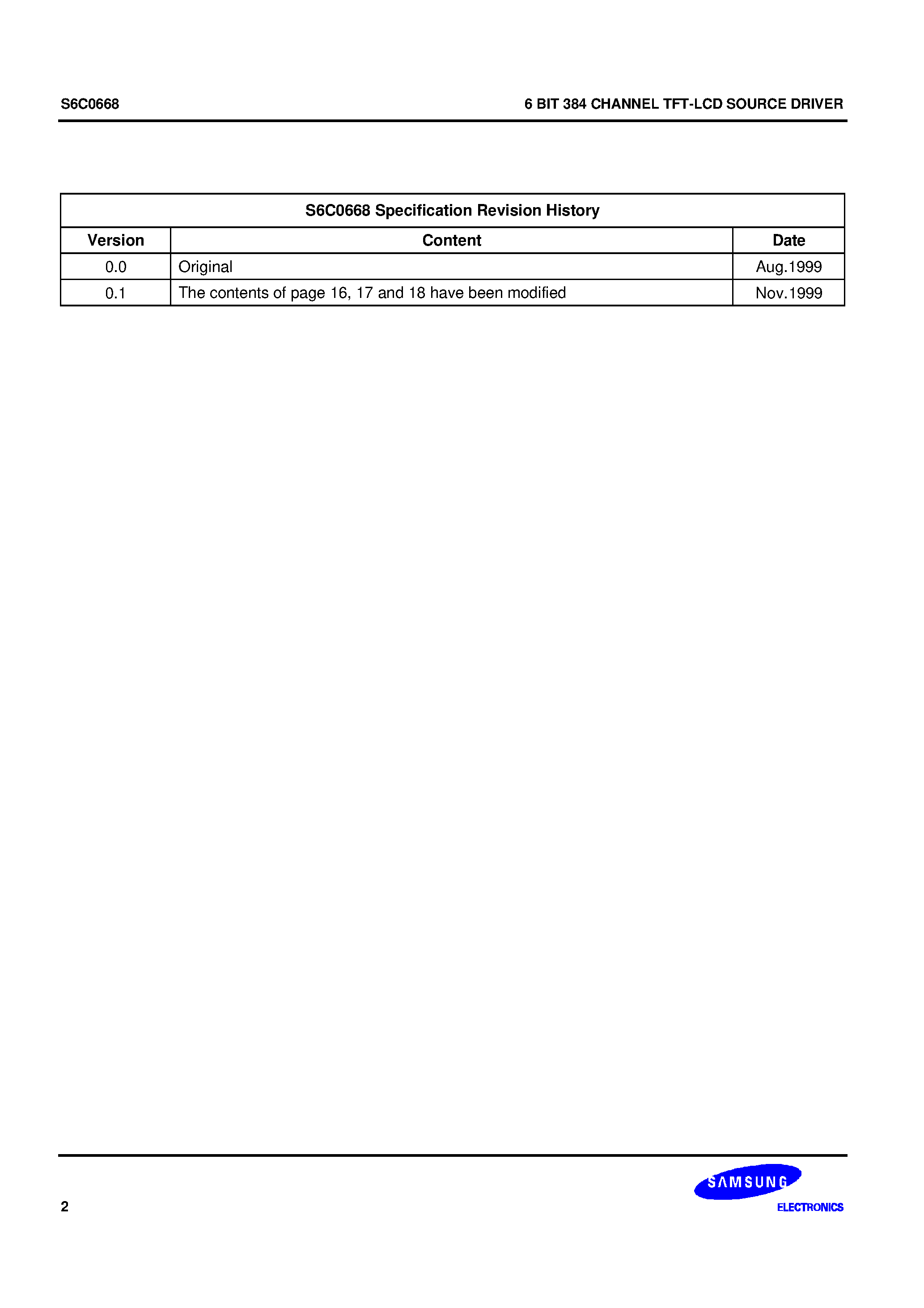 Datasheet S6C0668 - 6 BIT 384 CHANNEL TFT-LCD SOURCE DRIVER page 2