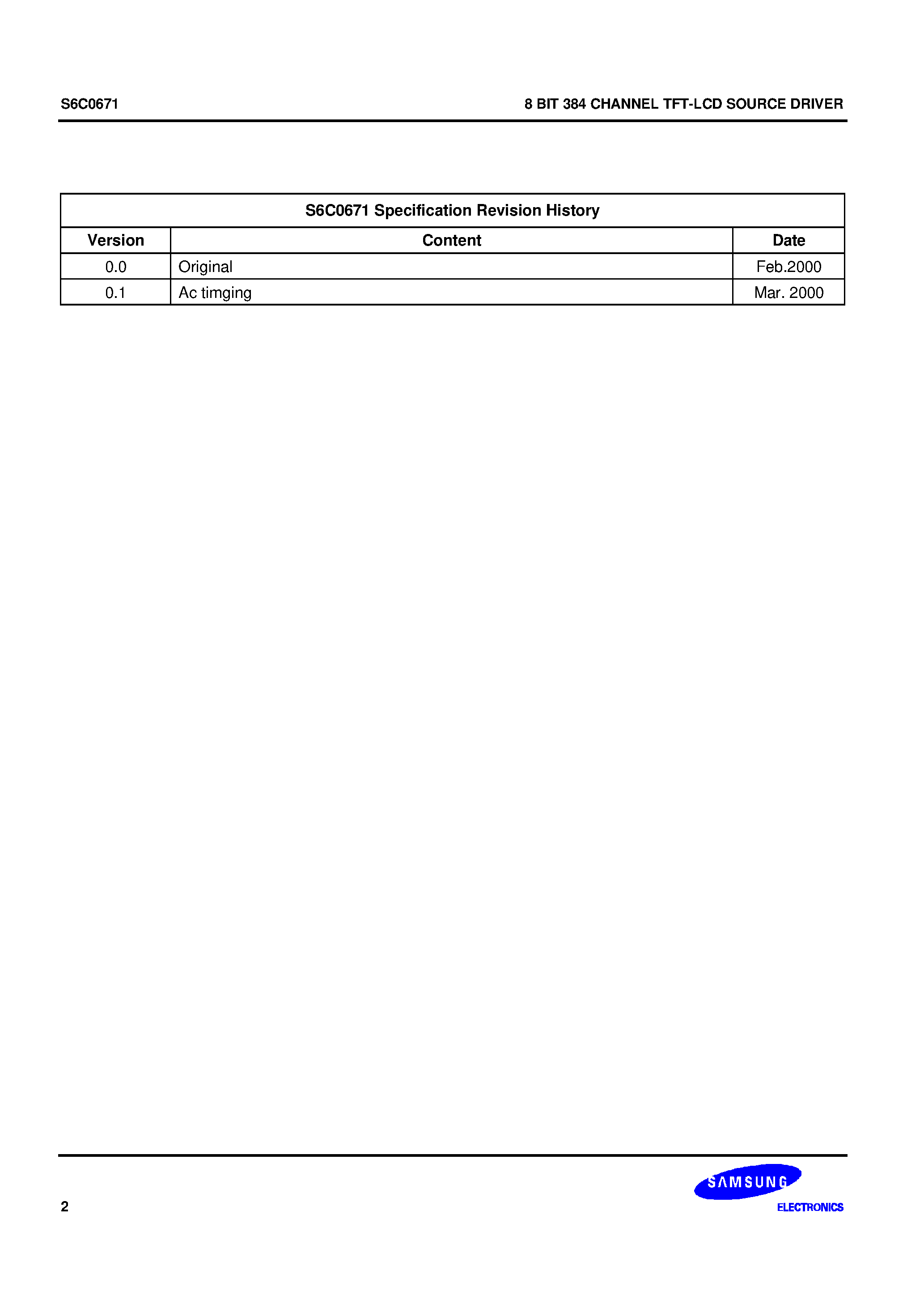 Даташит S6C0671 - 8 BIT 384 CHANNEL TFT-LCD SOURCE DRIVER страница 2