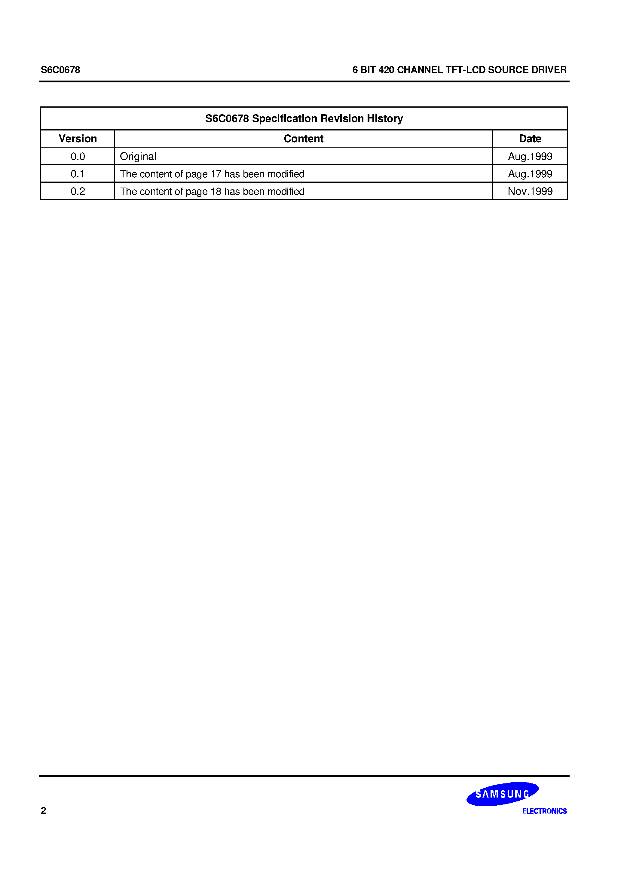 Datasheet S6C0678 page 2 Datasheet S6C0678 - 6 BIT 420 CHANNEL TFT-LCD SOURCE DRIVER page 2