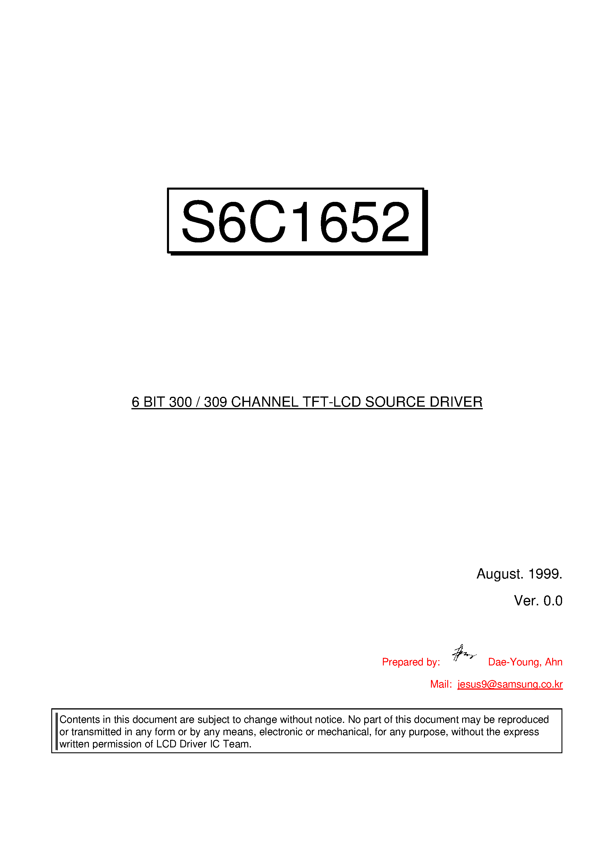 Datasheet S6C1652 - 6 BIT 300 / 309 CHANNEL TFT-LCD SOURCE DRIVER page 1