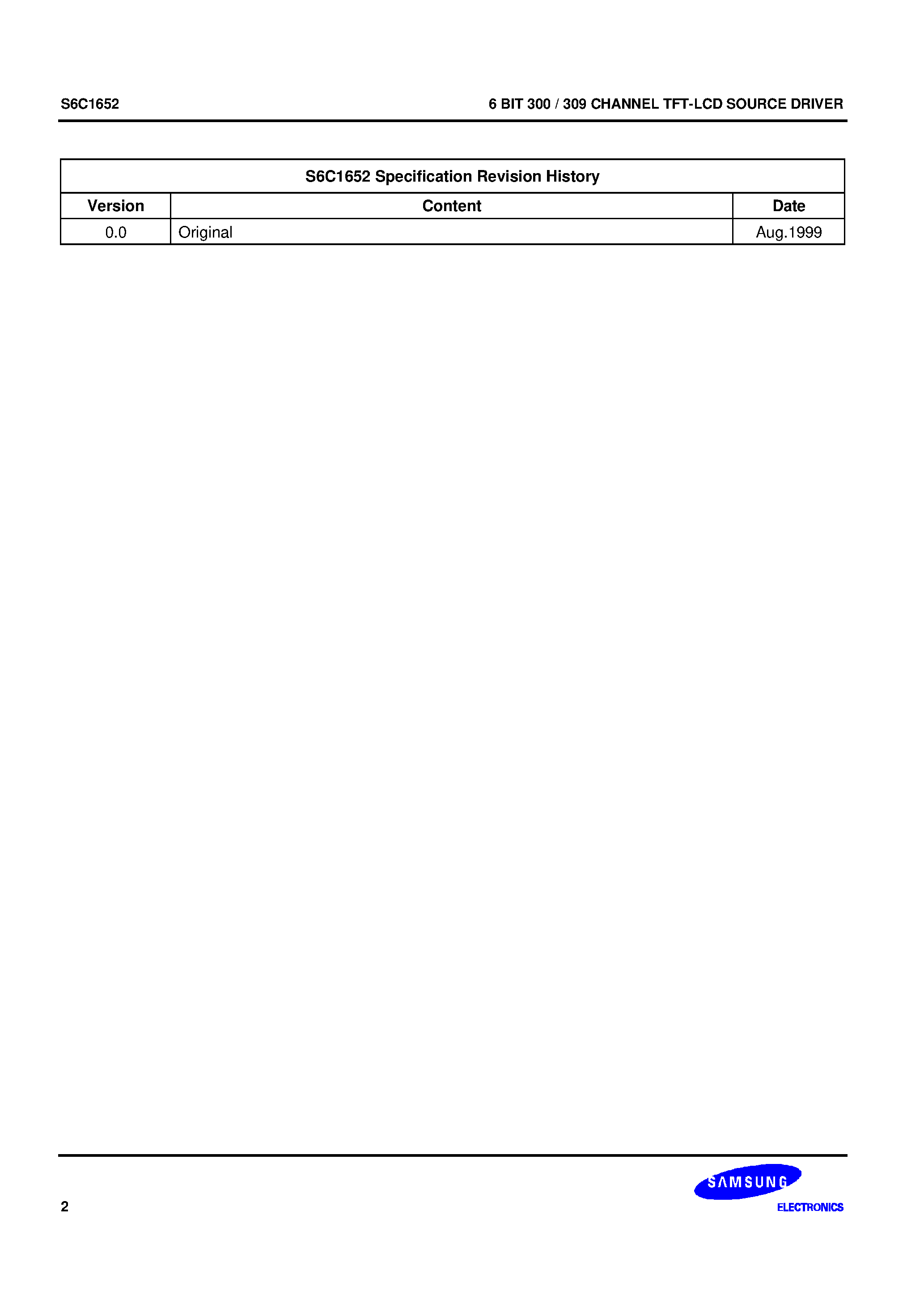 Datasheet S6C1652 - 6 BIT 300 / 309 CHANNEL TFT-LCD SOURCE DRIVER page 2