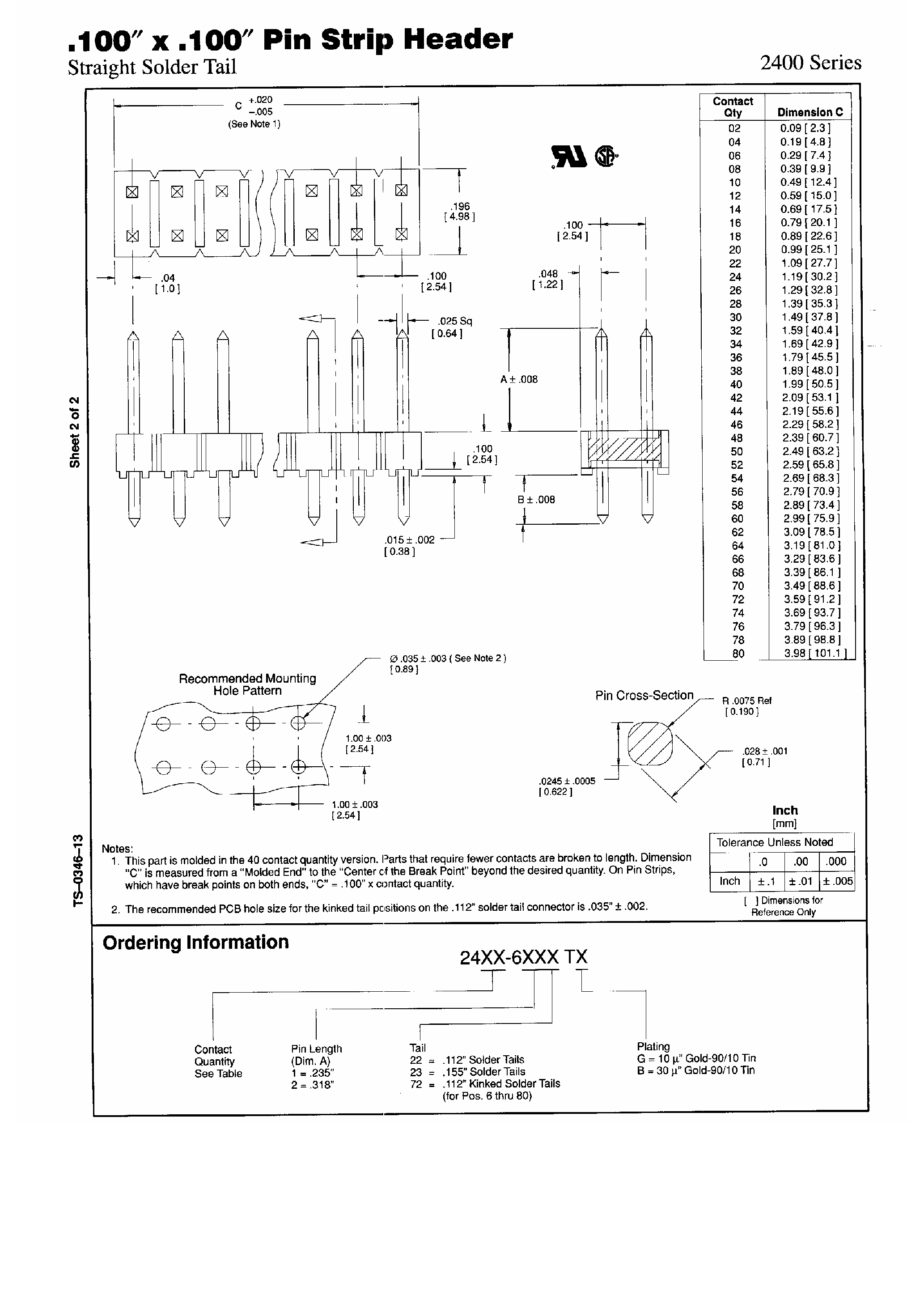 Datasheet 2400 - .100 x .100 Pin Strip Header page 2