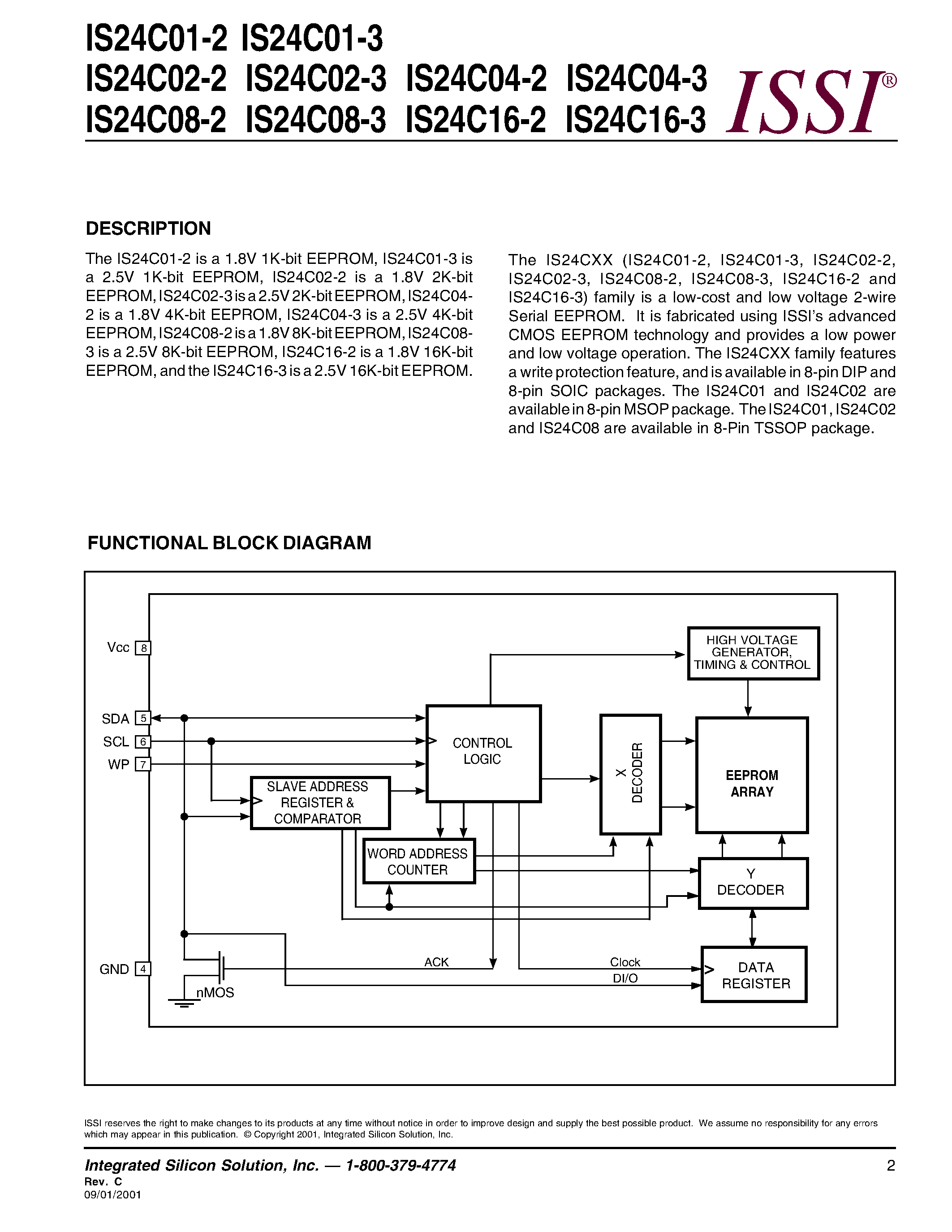 Datasheet IS24C08-3Z - 1K-bit/2K-bit/4K-bit/8K-bit/16K-bit 2-WIRE SERIAL CMOS EEPROM page 2