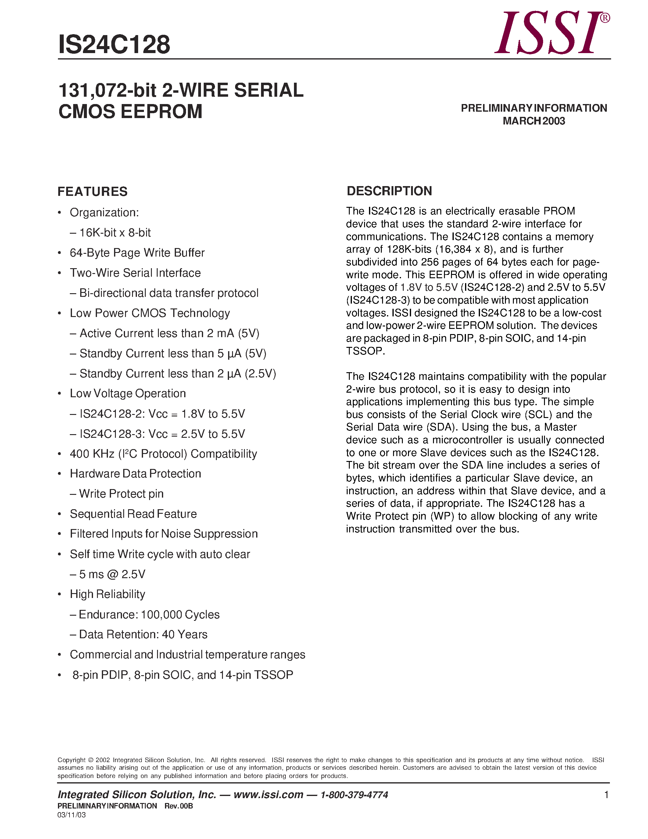 Datasheet IS24C128-3Z - 131/072-bit 2-WIRE SERIAL CMOS EEPROM page 1