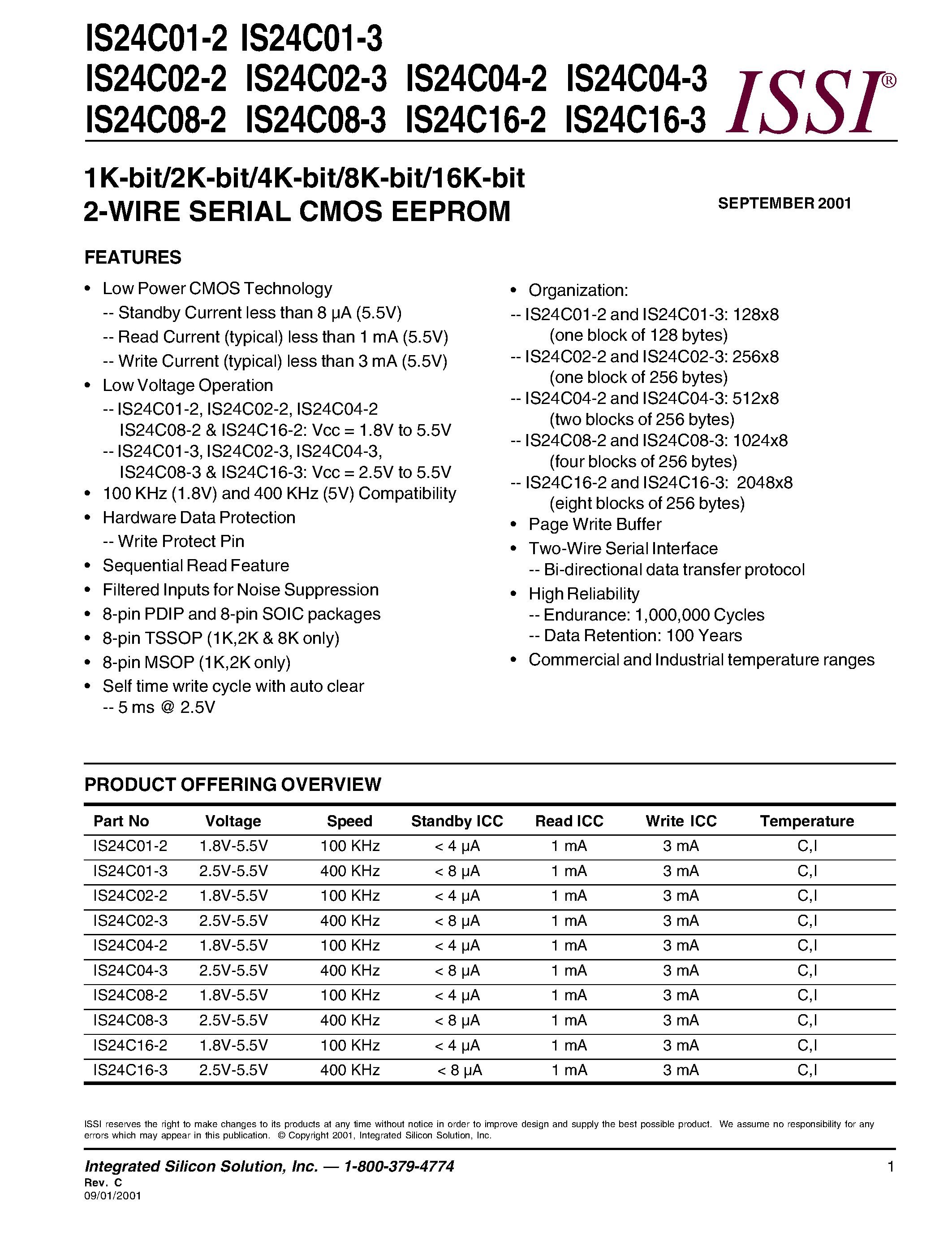 Datasheet IS24C16-3 - 1K-bit/2K-bit/4K-bit/8K-bit/16K-bit 2-WIRE SERIAL CMOS EEPROM page 1