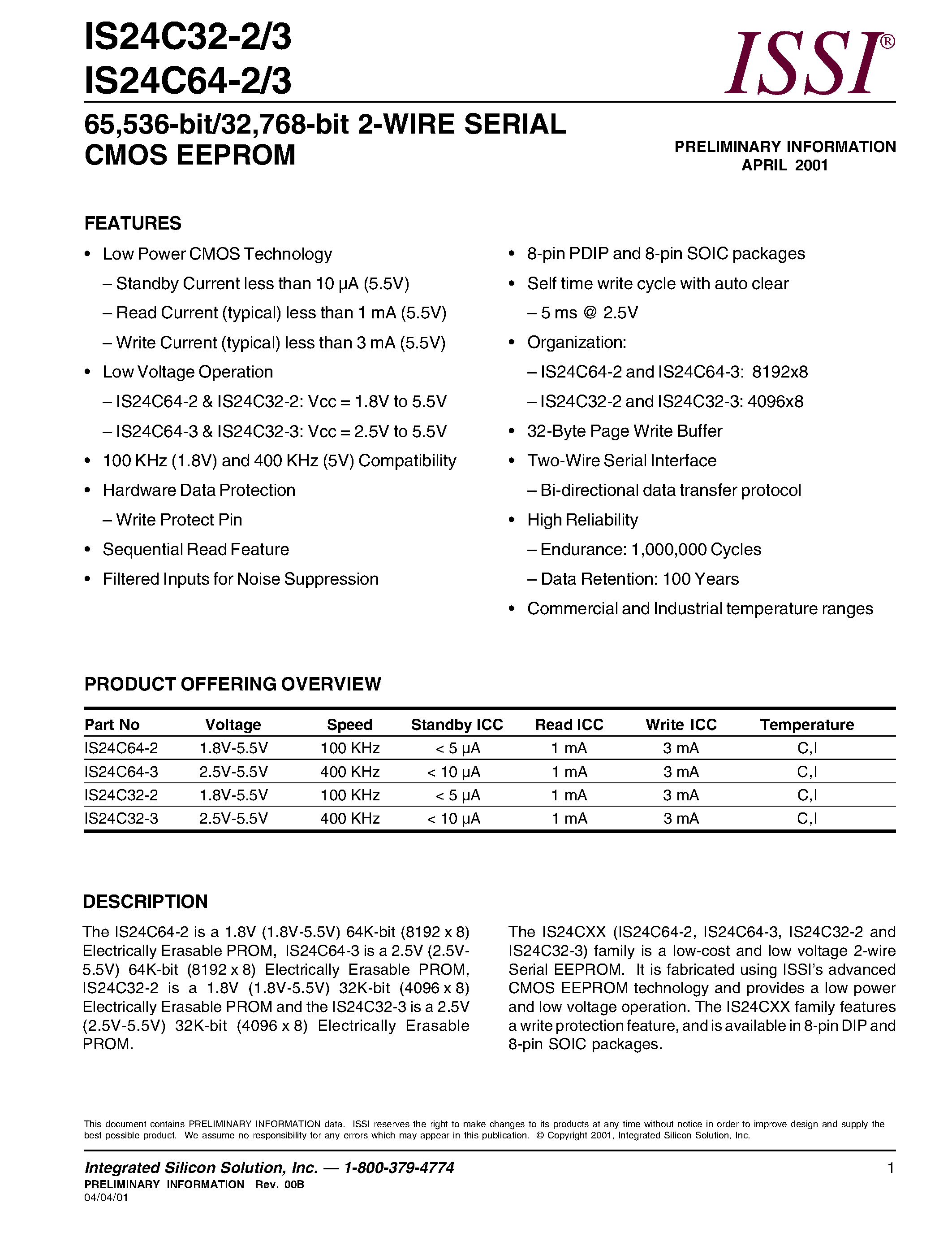 Datasheet IS24C64 - 65/536-bit/32/768-bit 2-WIRE SERIAL CMOS EEPROM page 1