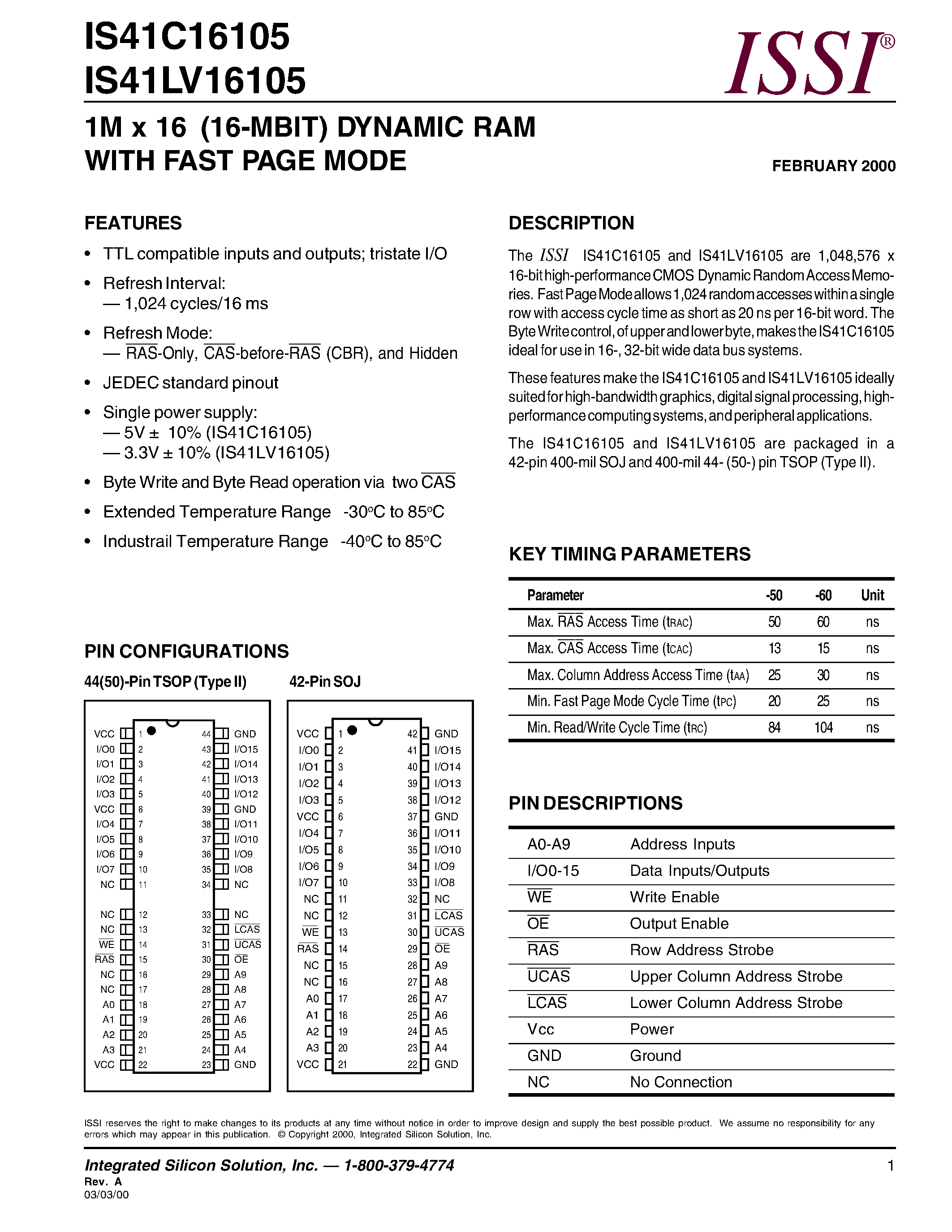 Даташит IS41C16105-50K - 1M x 16 (16-MBIT) DYNAMIC RAM WITH FAST PAGE MODE страница 1