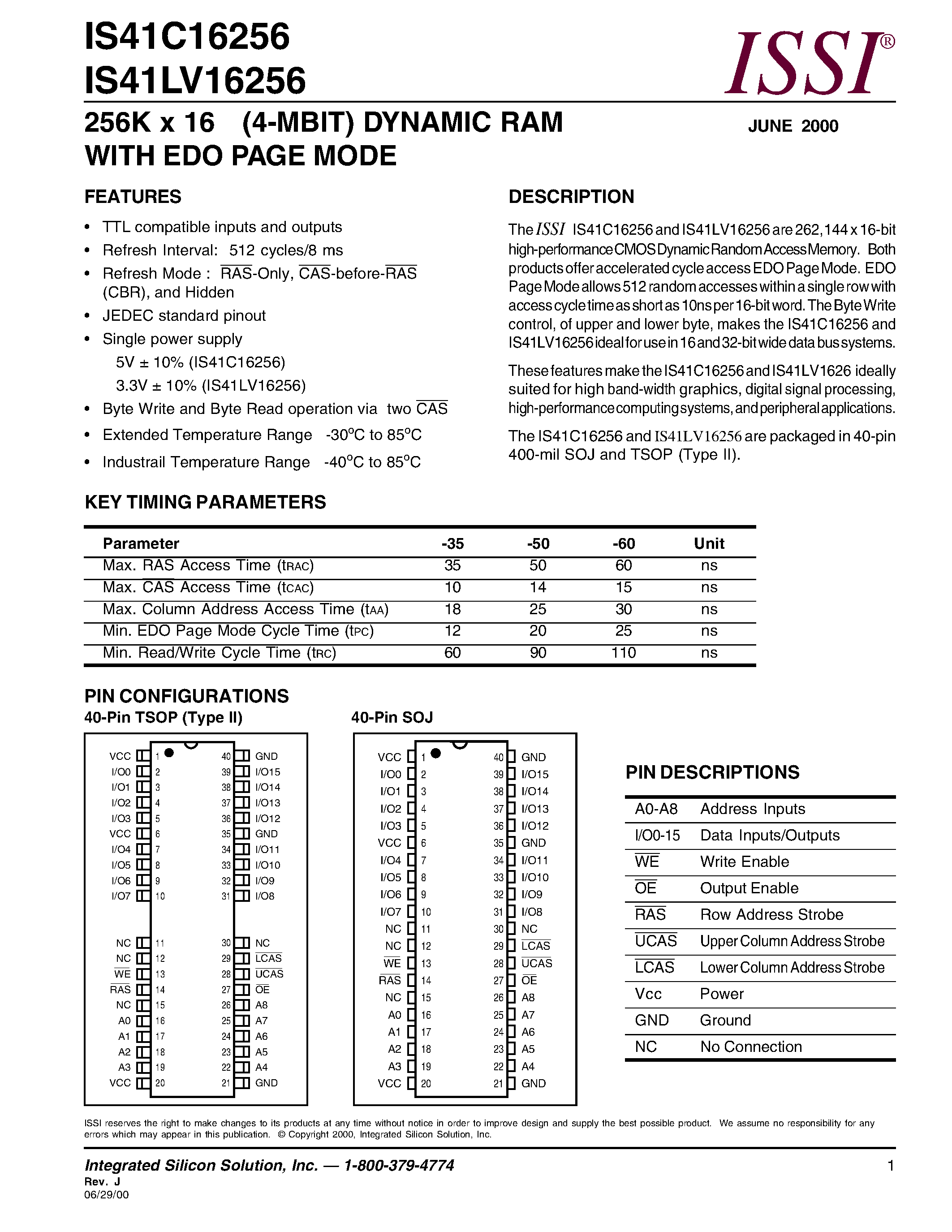 Datasheet IS41C16256-50TI - 256K x 16 (4-MBIT) DYNAMIC RAM WITH EDO PAGE MODE page 1