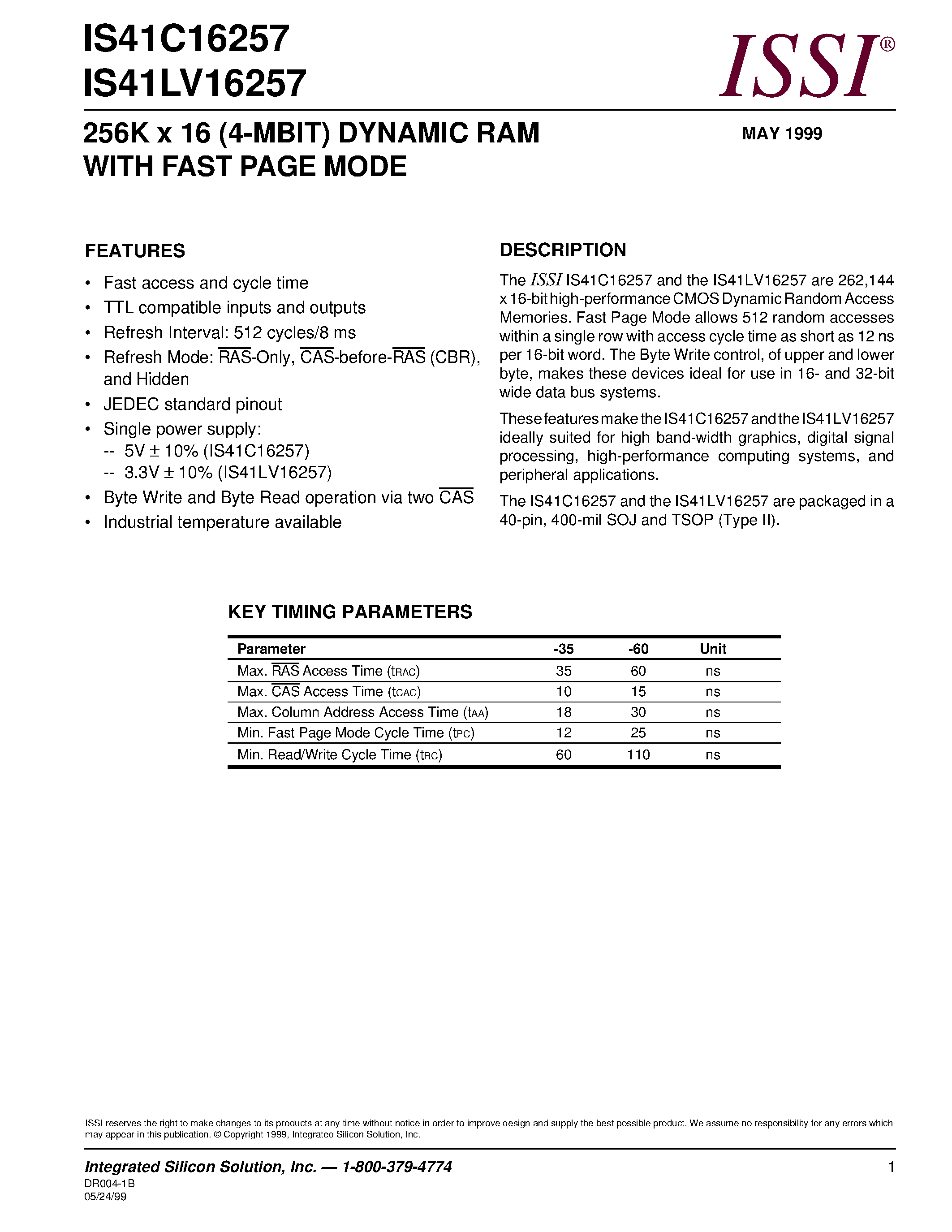 Datasheet IS41C16257-60TI - 256K x 16 (4-MBIT) DYNAMIC RAM WITH FAST PAGE MODE page 1