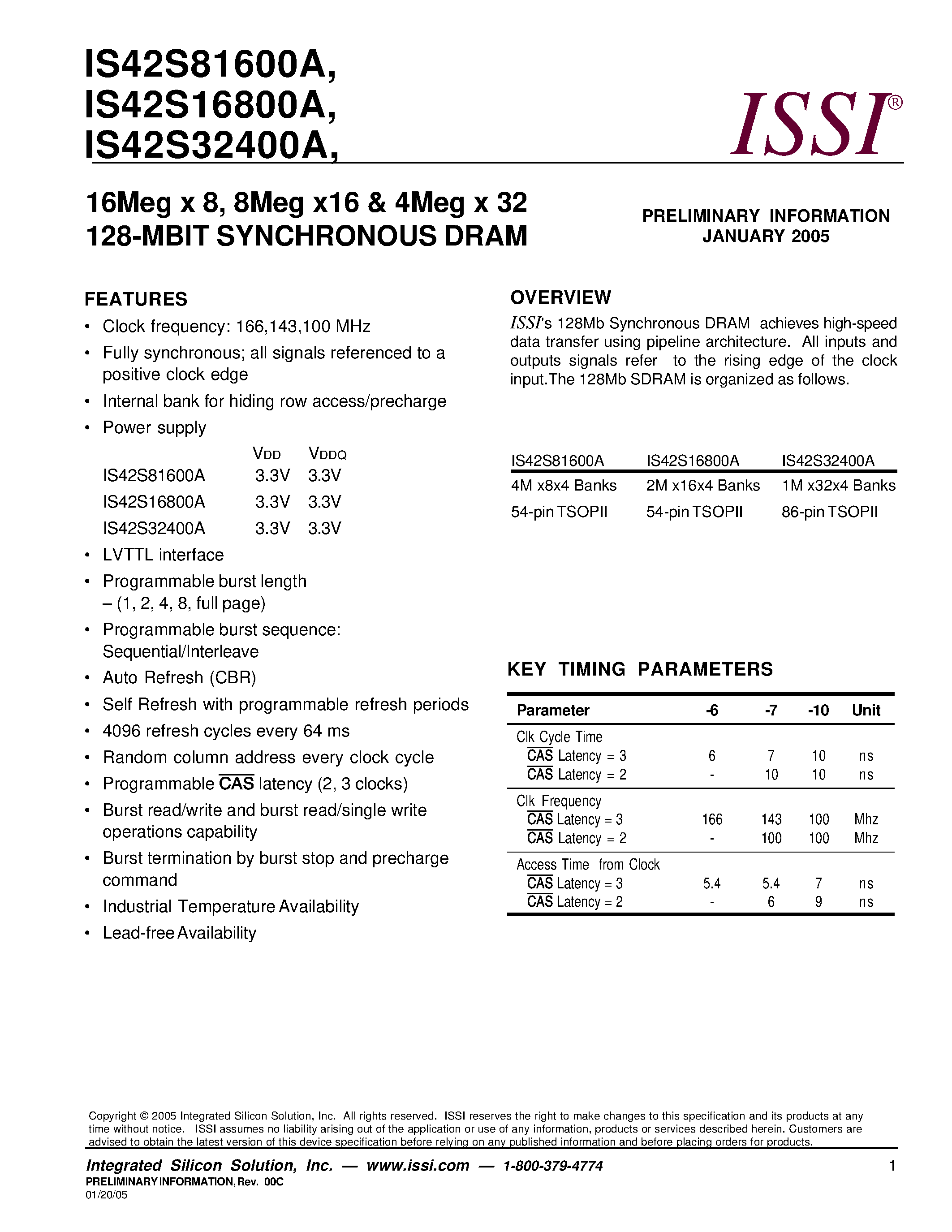 Datasheet IS42S16800A-10T - 16Meg x 8/ 8Meg x16 & 4Meg x 32 128-MBIT SYNCHRONOUS DRAM page 1