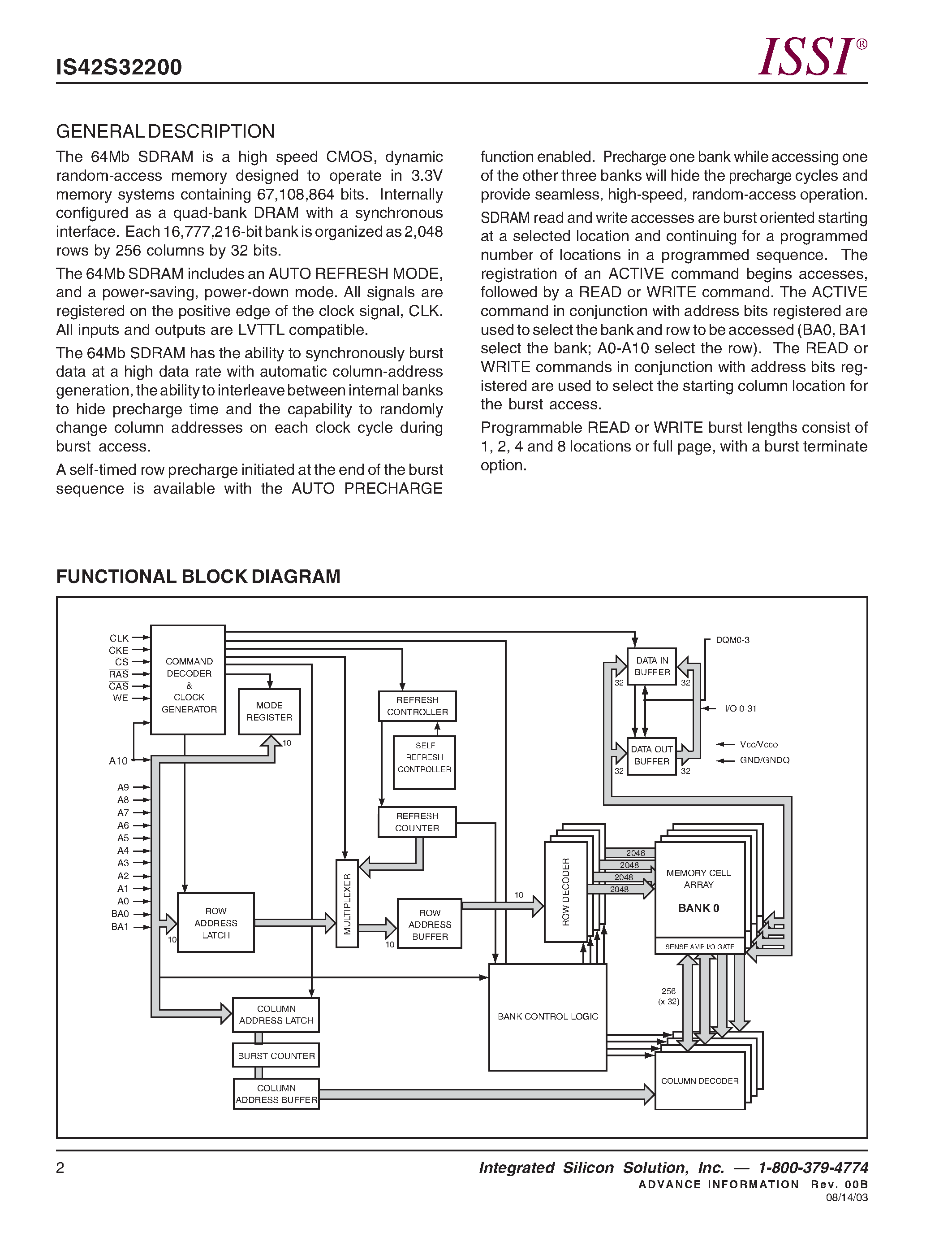 Datasheet IS42S32200-6T - 512K Bits x 32 Bits x 4 Banks (64-MBIT) SYNCHRONOUS DYNAMIC RAM page 2