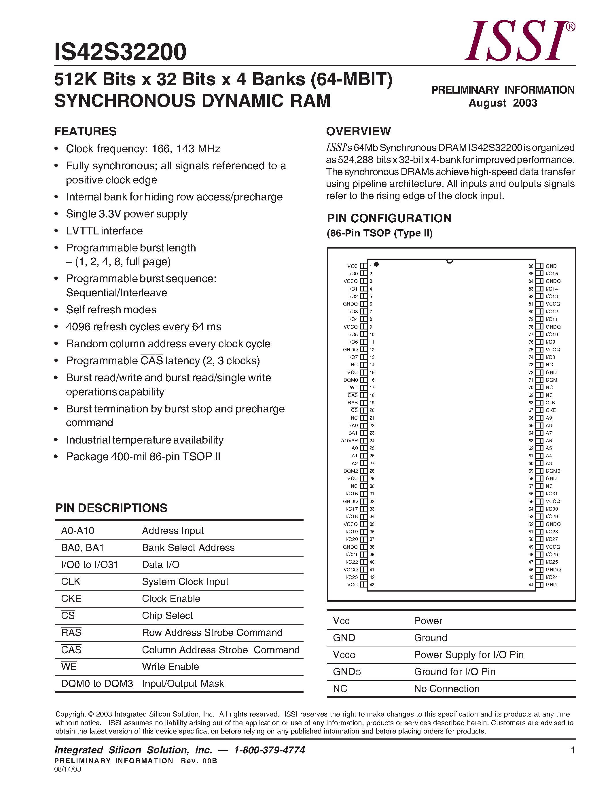 Datasheet IS42S32200-6TI - 512K Bits x 32 Bits x 4 Banks (64-MBIT) SYNCHRONOUS DYNAMIC RAM page 1