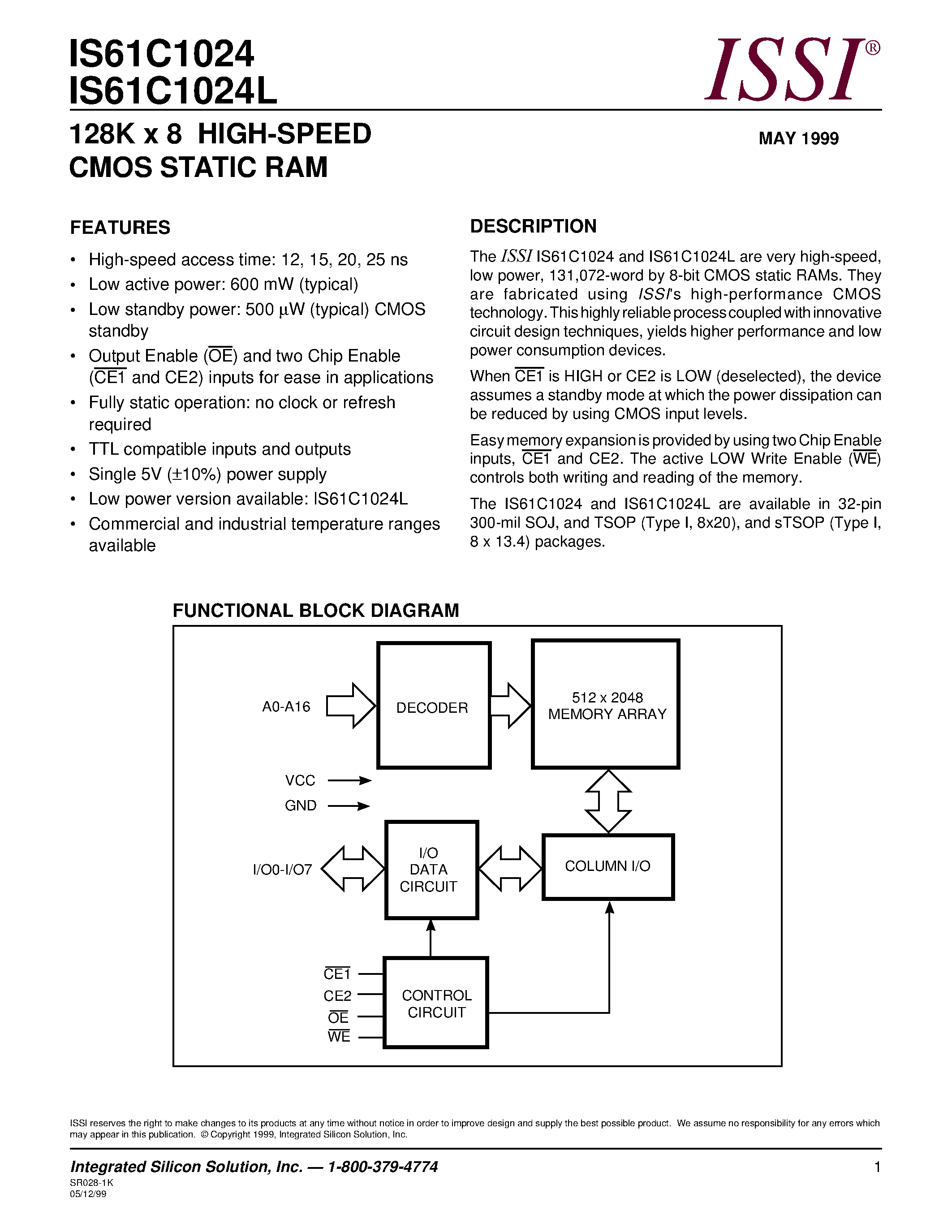 Даташит IS61C1024-12JI - 128K x 8 HIGH-SPEED CMOS STATIC RAM страница 1
