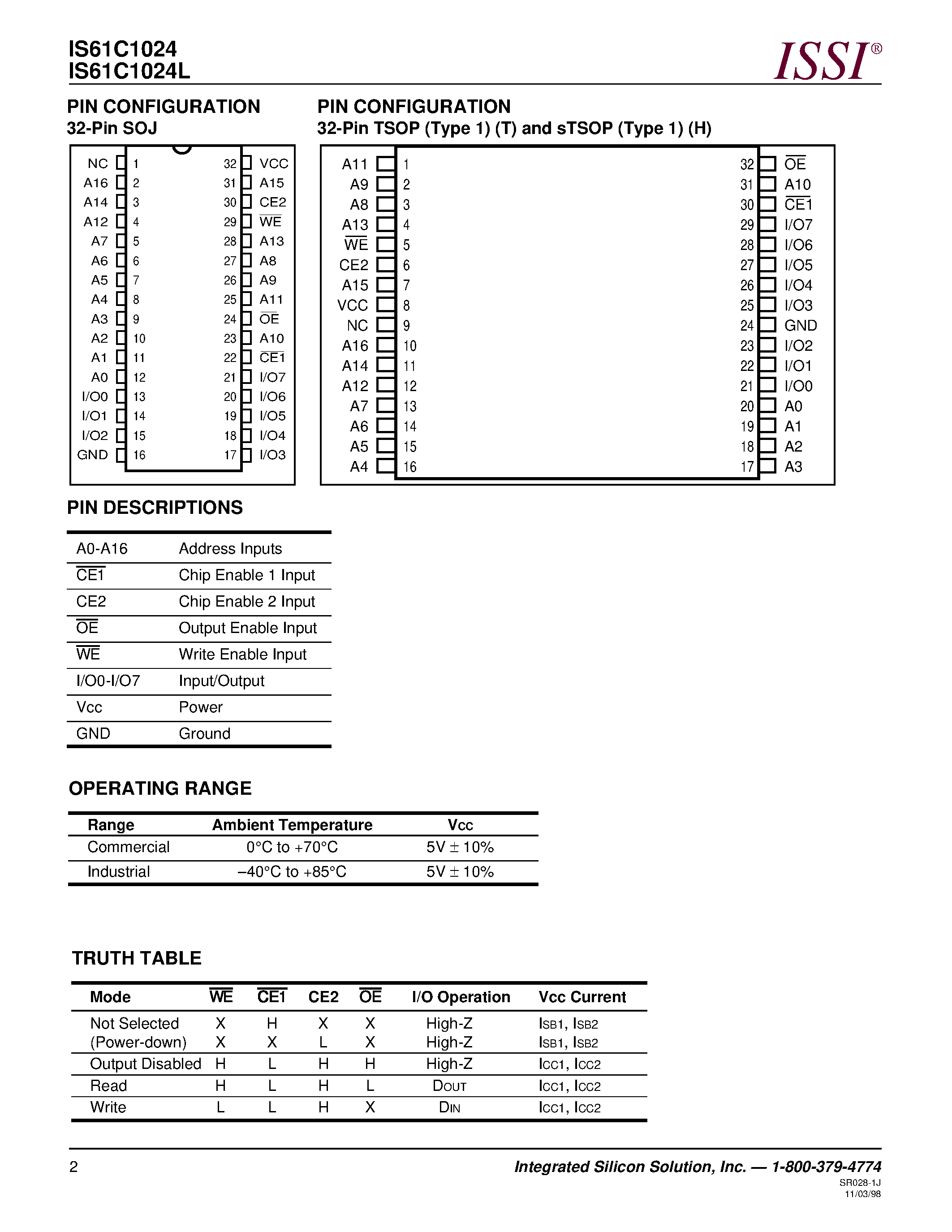 Даташит IS61C1024L-12HI - 128K x 8 HIGH-SPEED CMOS STATIC RAM страница 2