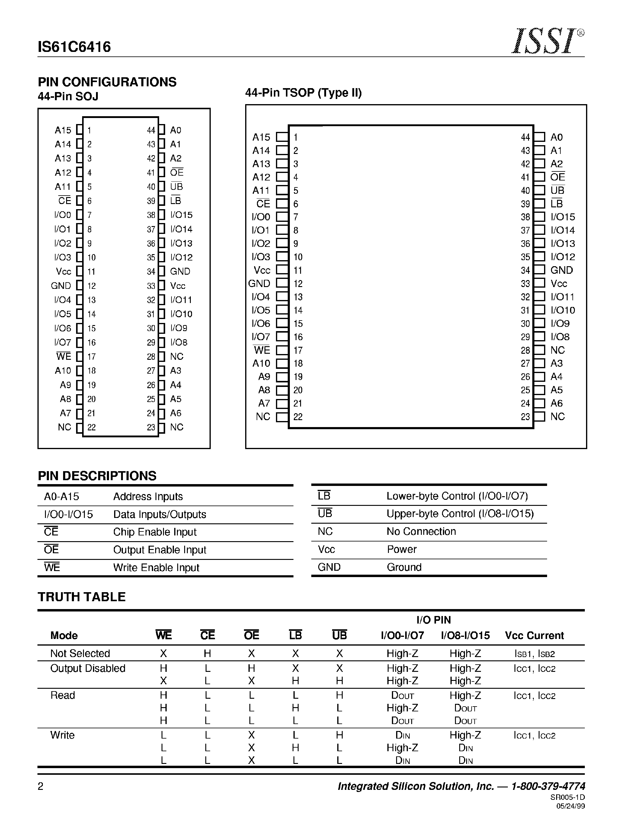 Даташит IS61C6416 - 64K x 16 HIGH-SPEED CMOS STATIC RAM страница 2