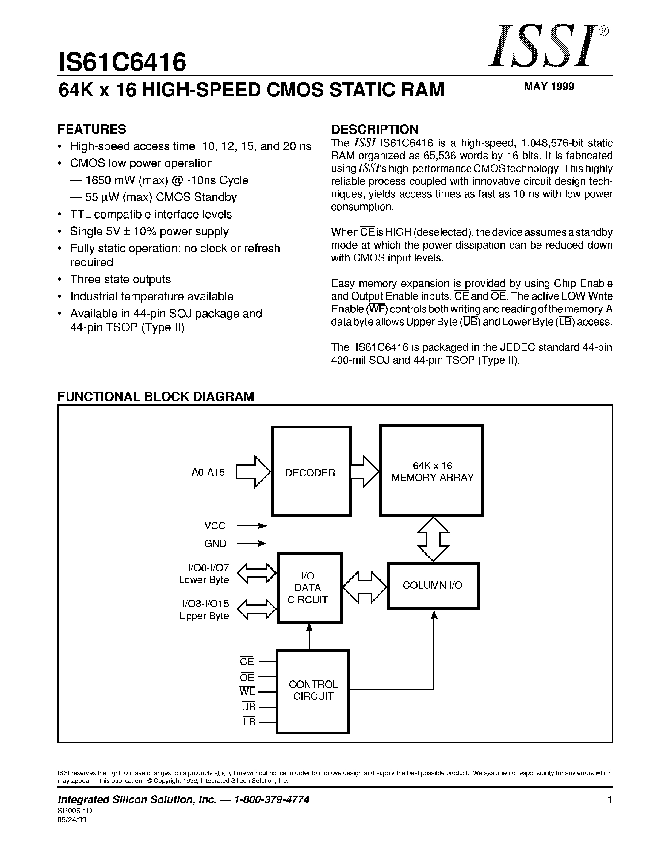 Даташит IS61C6416-12TI - 64K x 16 HIGH-SPEED CMOS STATIC RAM страница 1