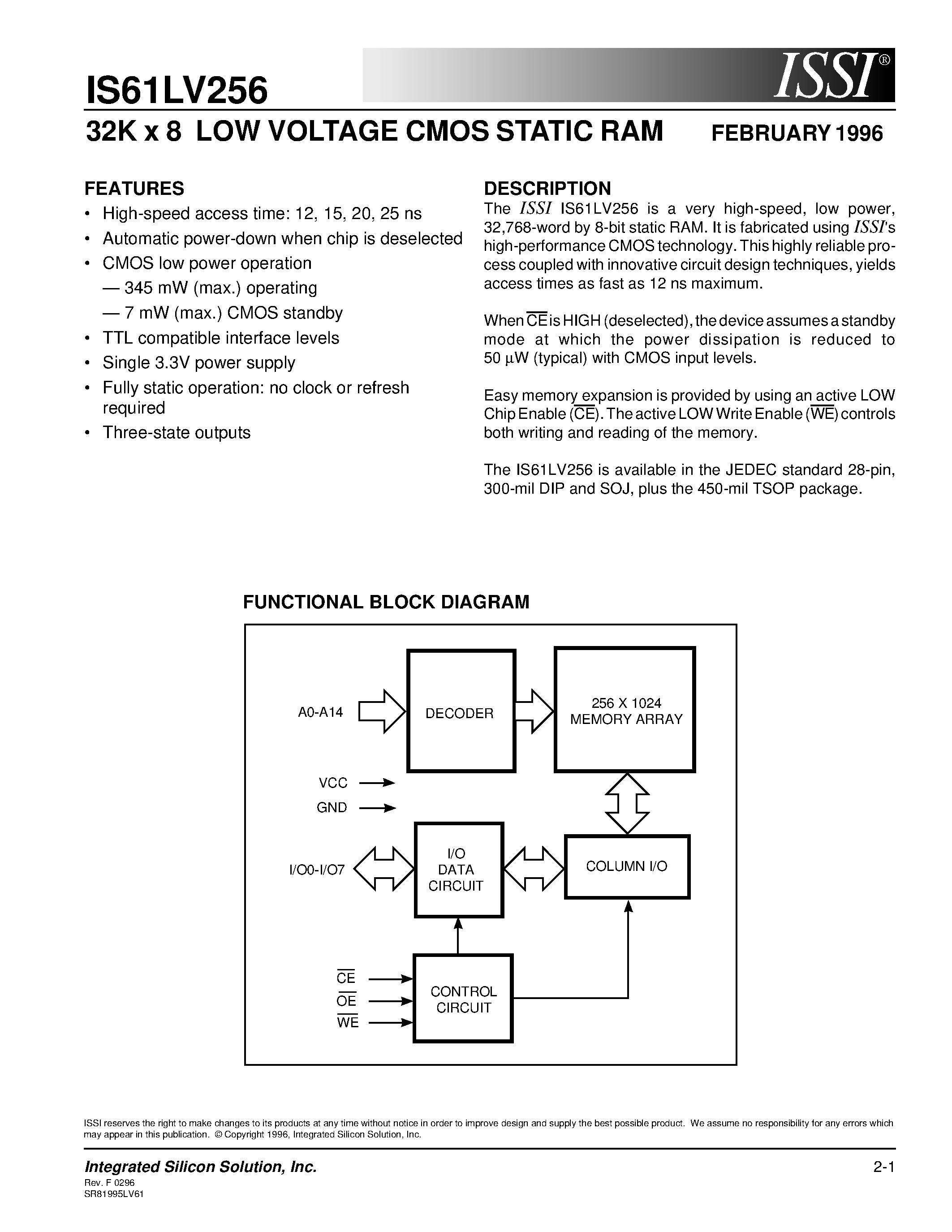 Даташит IS61LV256-20N - 32K x 8 LOW VOLTAGE CMOS STATIC RAM страница 1