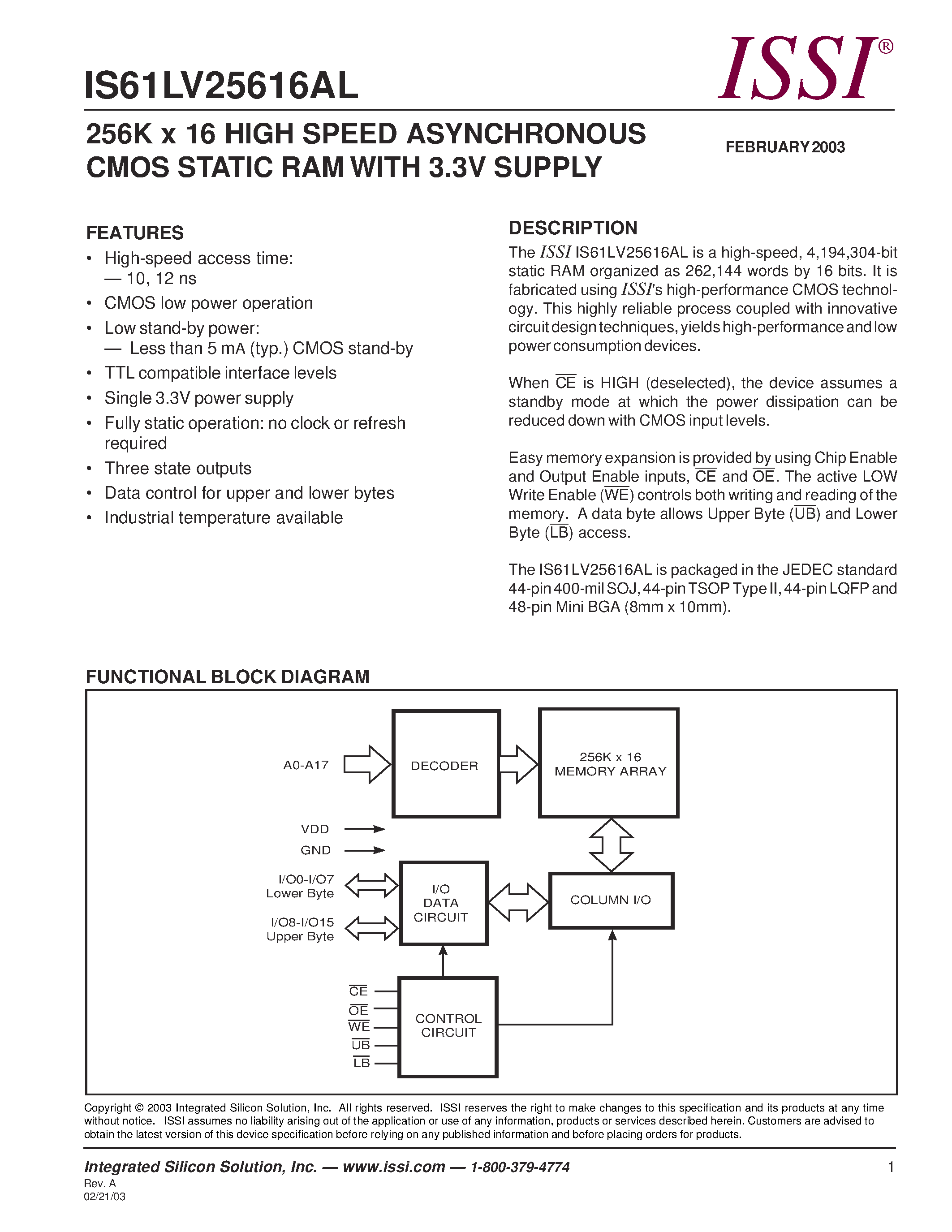 Даташит IS61LV25616AL-10BI - 256K x 16 HIGH SPEED ASYNCHRONOUS CMOS STATIC RAM WITH 3.3V SUPPLY страница 1