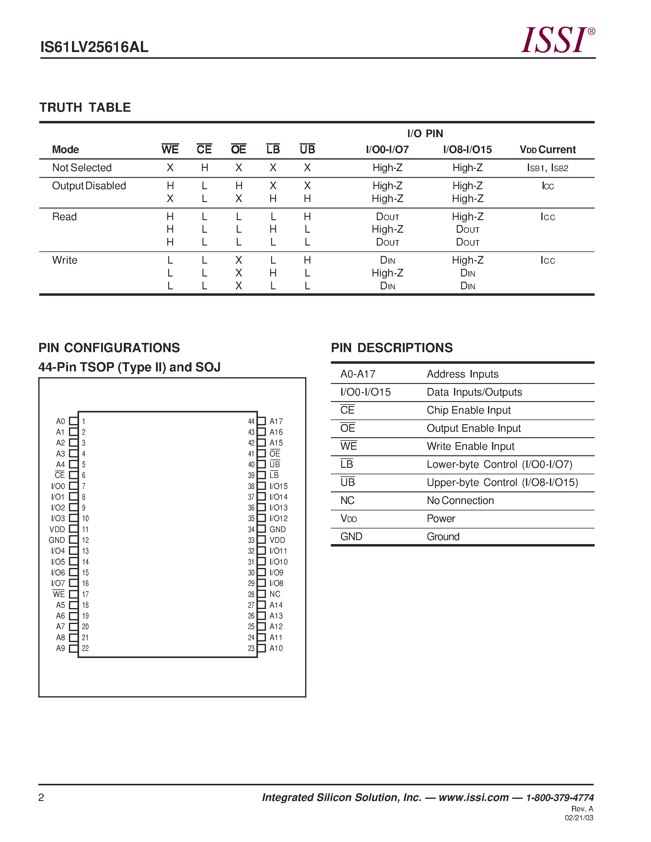 Даташит IS61LV25616AL-10LQ - 256K x 16 HIGH SPEED ASYNCHRONOUS CMOS STATIC RAM WITH 3.3V SUPPLY страница 2
