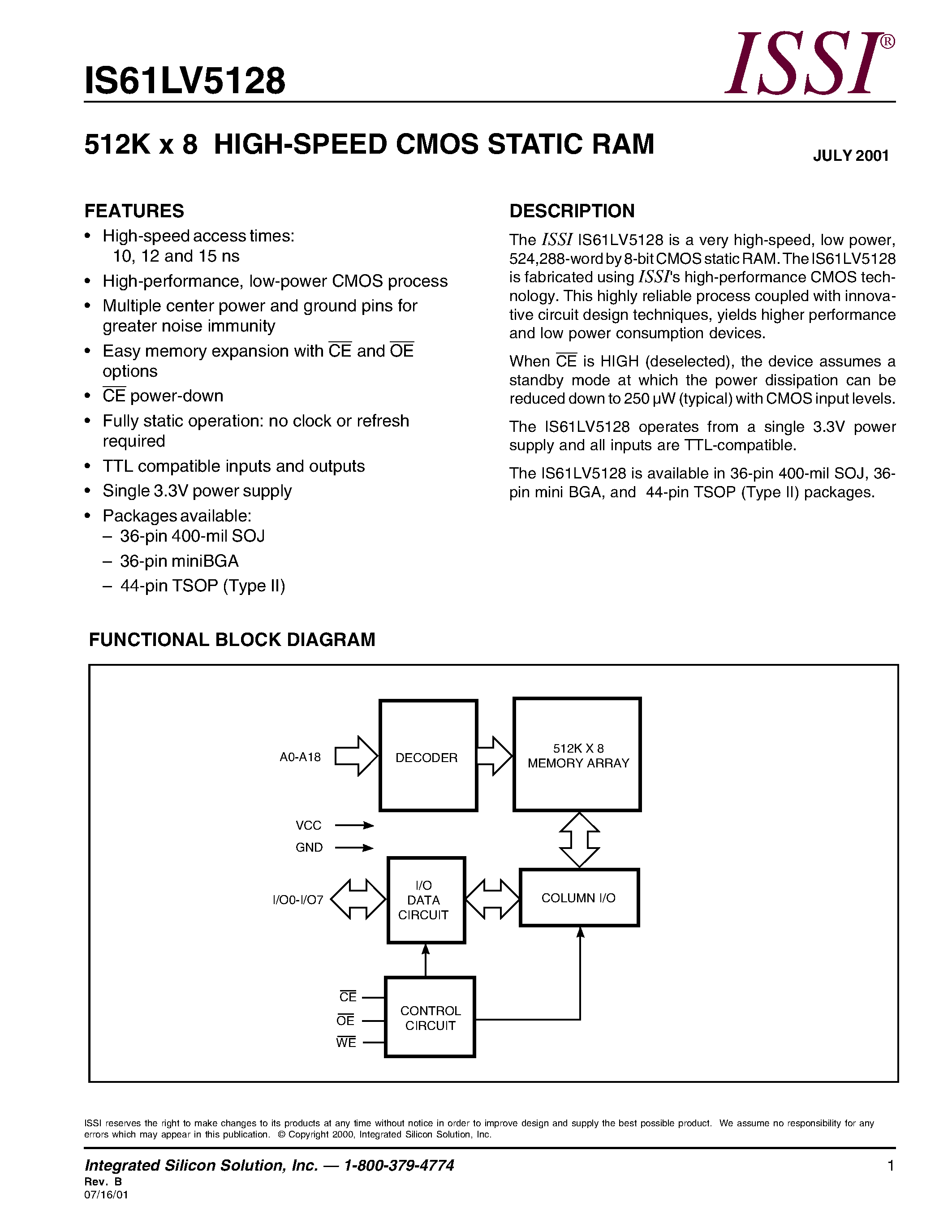 Даташит IS61LV5128-15TI - 512K x 8 HIGH-SPEED CMOS STATIC RAM страница 1