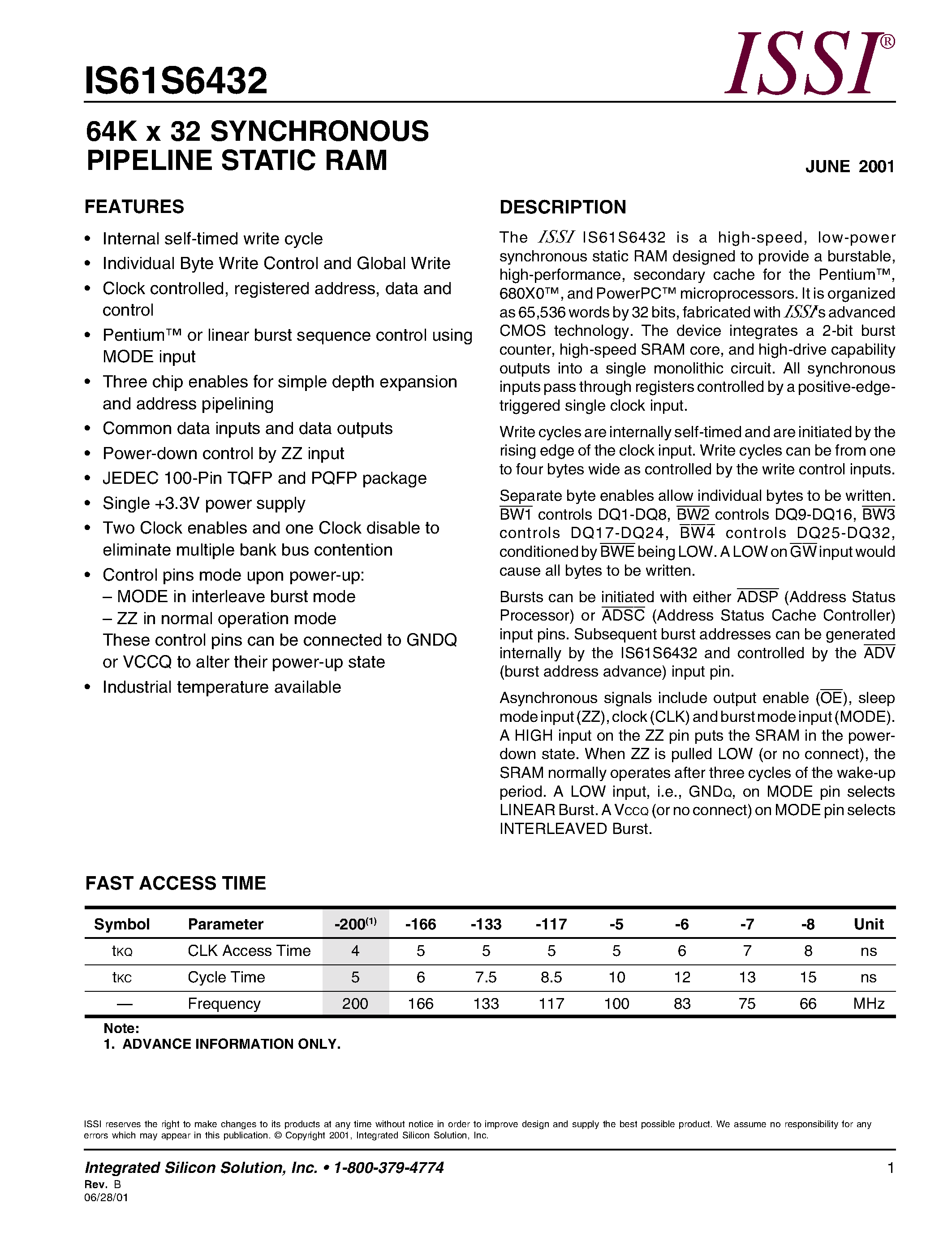 Даташит IS61S6432-200TQ - 64K x 32 SYNCHRONOUS PIPELINE STATIC RAM страница 1