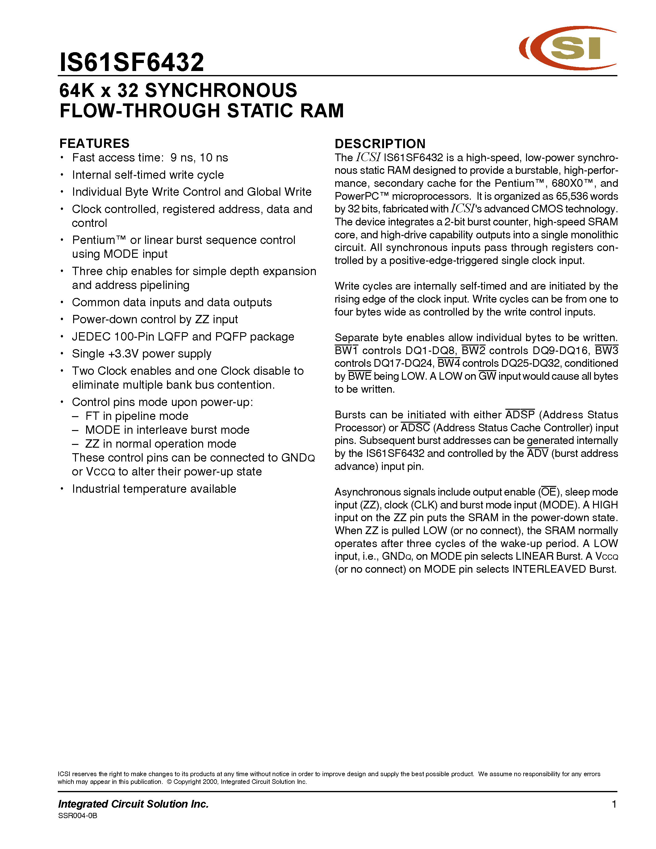 Даташит IS61SF6432 - 64K x 32 SYNCHRONOUS FLOW-THROUGH STATIC RAM страница 1