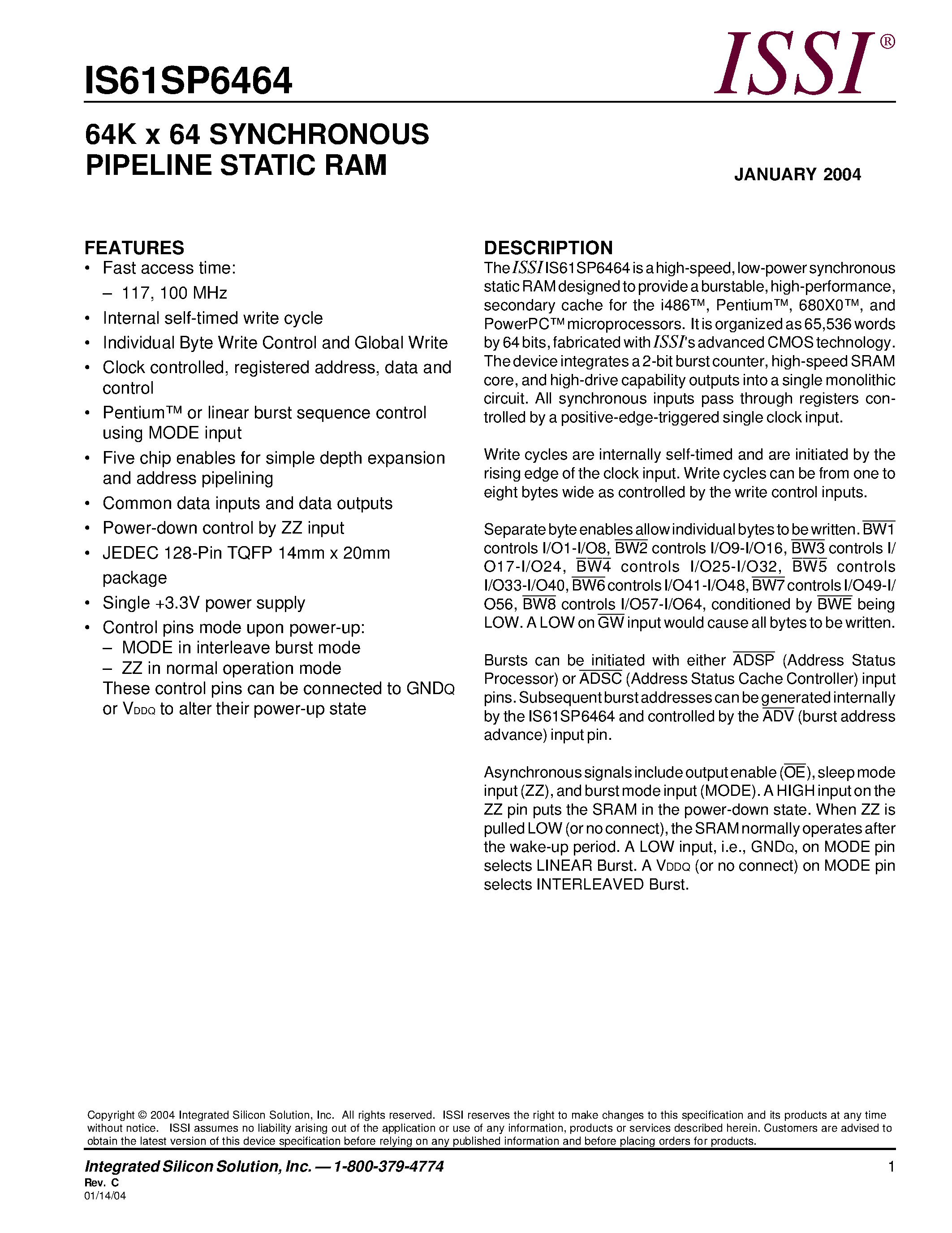 Даташит IS61SP6464 - 64K x 64 SYNCHRONOUS PIPELINE STATIC RAM страница 1