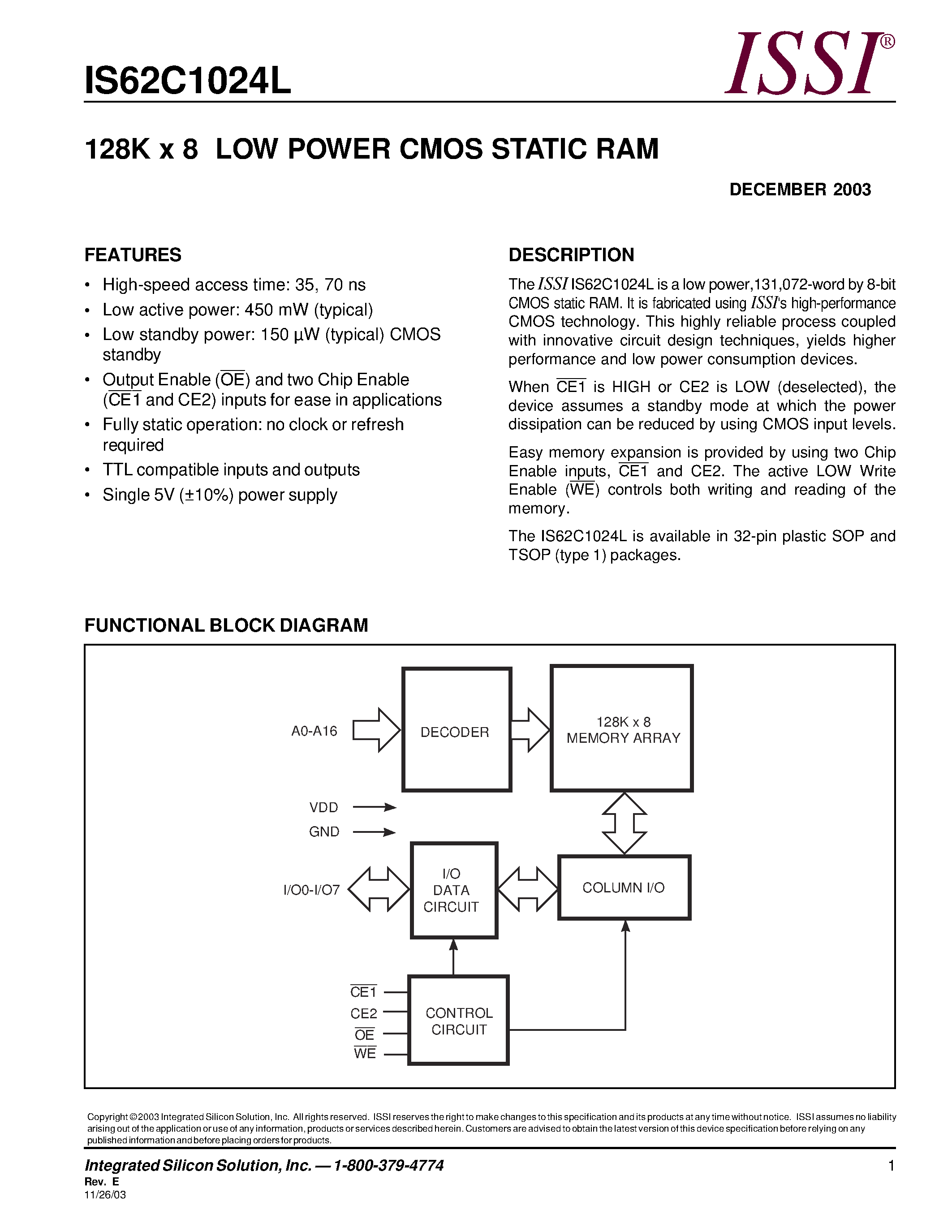 Даташит IS62C1024L - 128K x 8 LOW POWER CMOS STATIC RAM страница 1