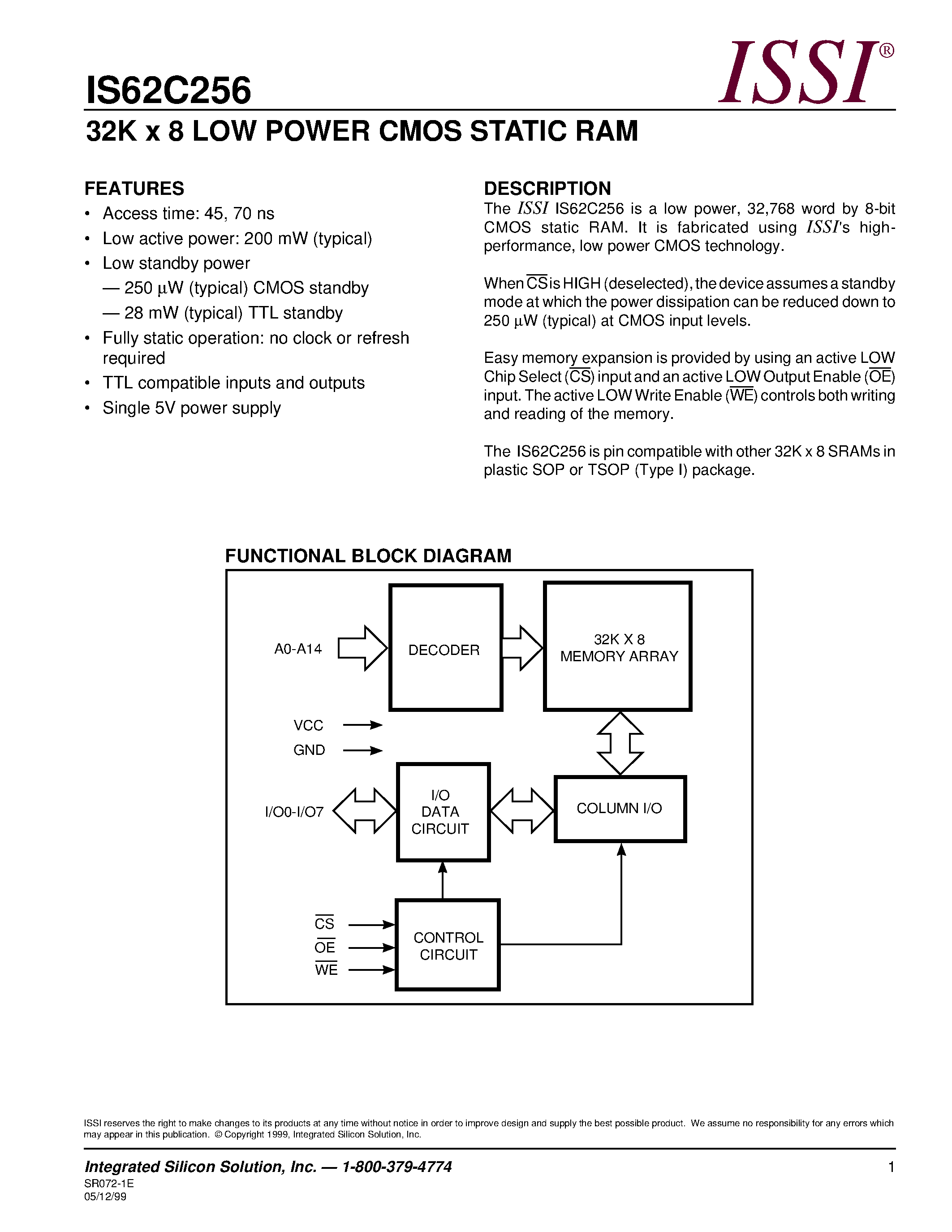 Даташит IS62C256-70T - 32K x 8 LOW POWER CMOS STATIC RAM страница 1