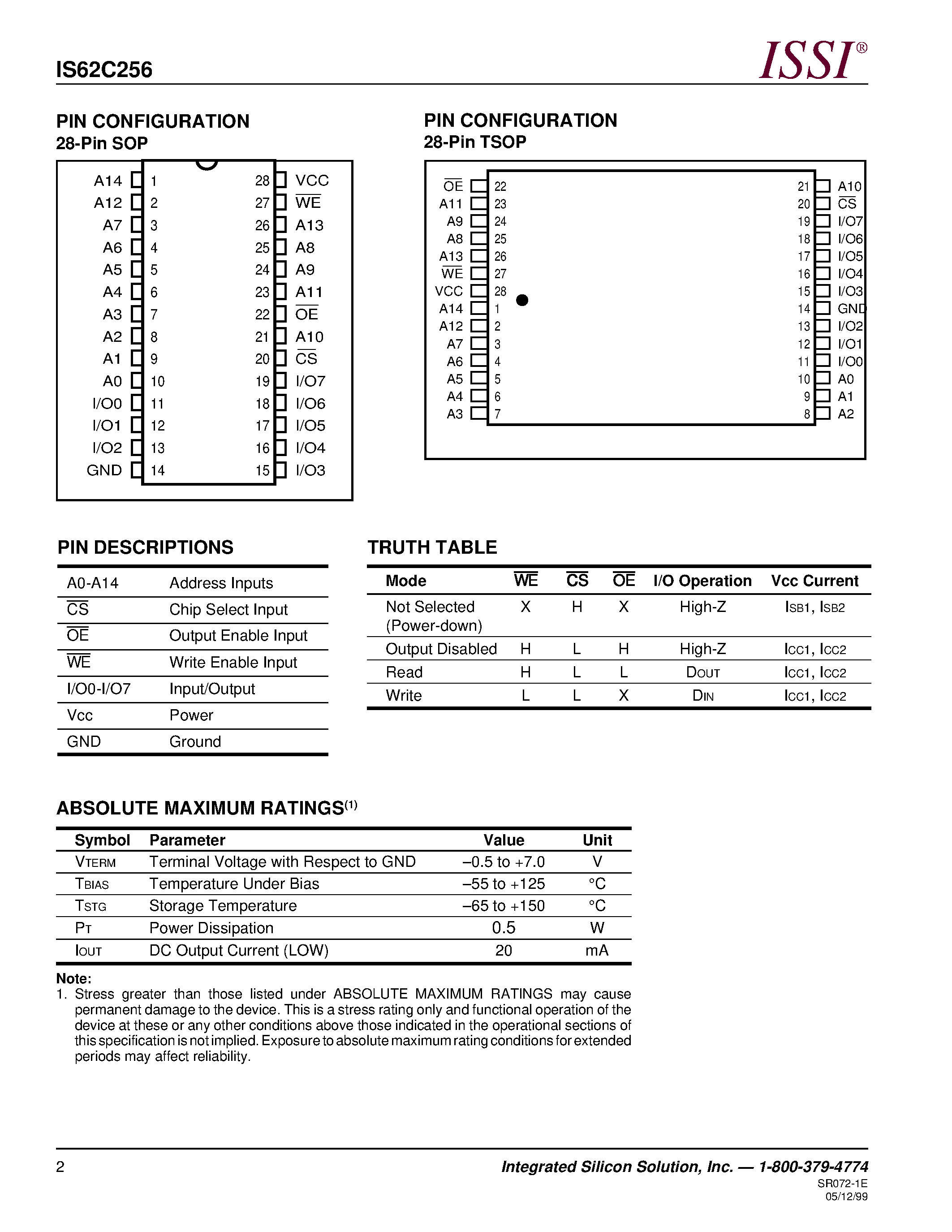 Даташит IS62C256-70T - 32K x 8 LOW POWER CMOS STATIC RAM страница 2