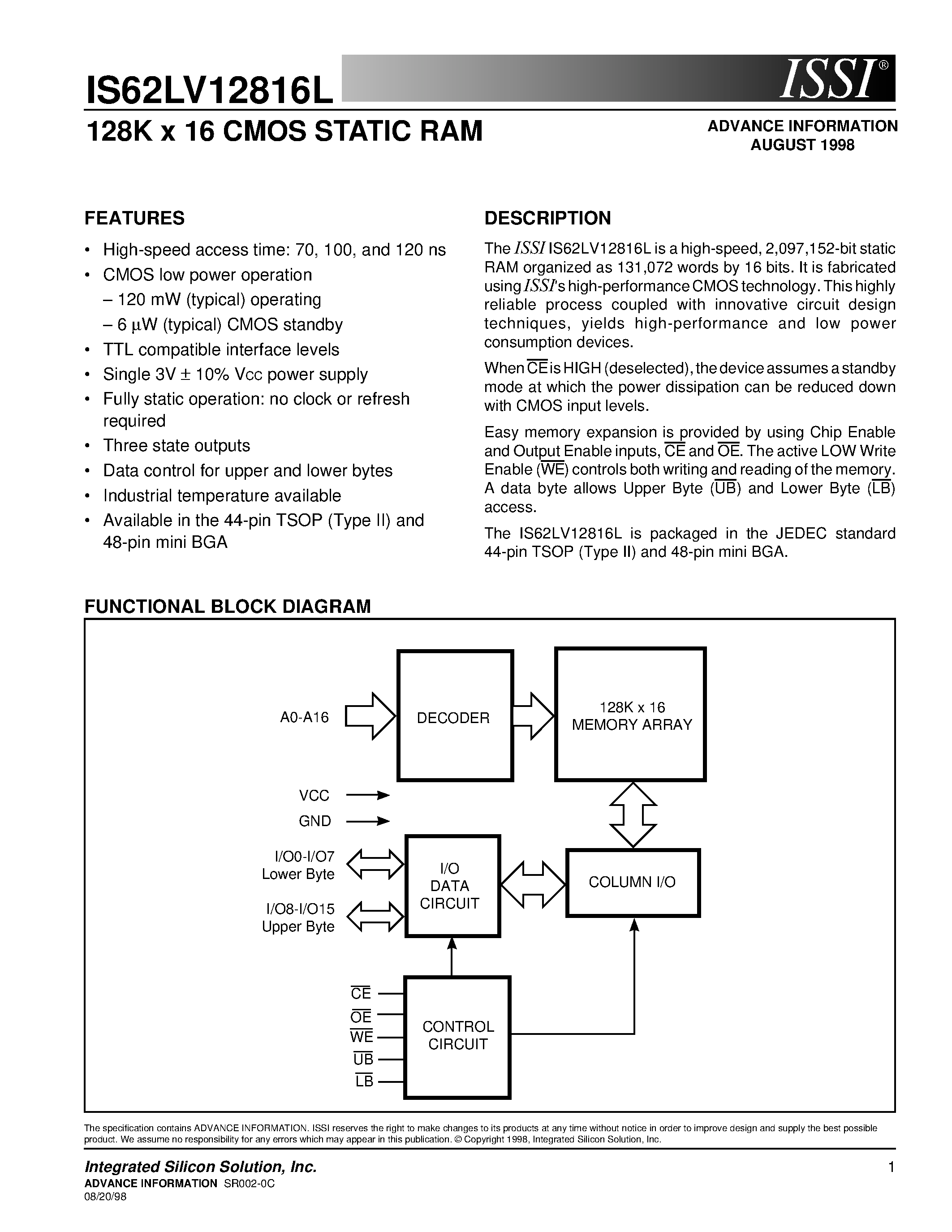 Даташит IS62LV12816L-120BI - 128K x 16 CMOS STATIC RAM страница 1